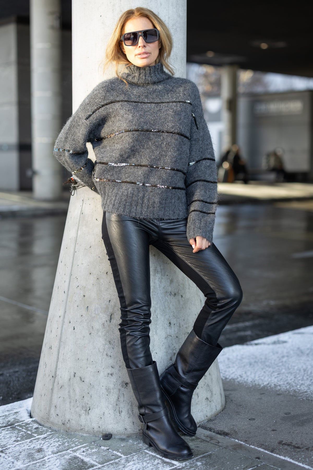 Damen Rollkragenpullover Grau Alpaka Pailletten Oversize Herbst Winter Strick