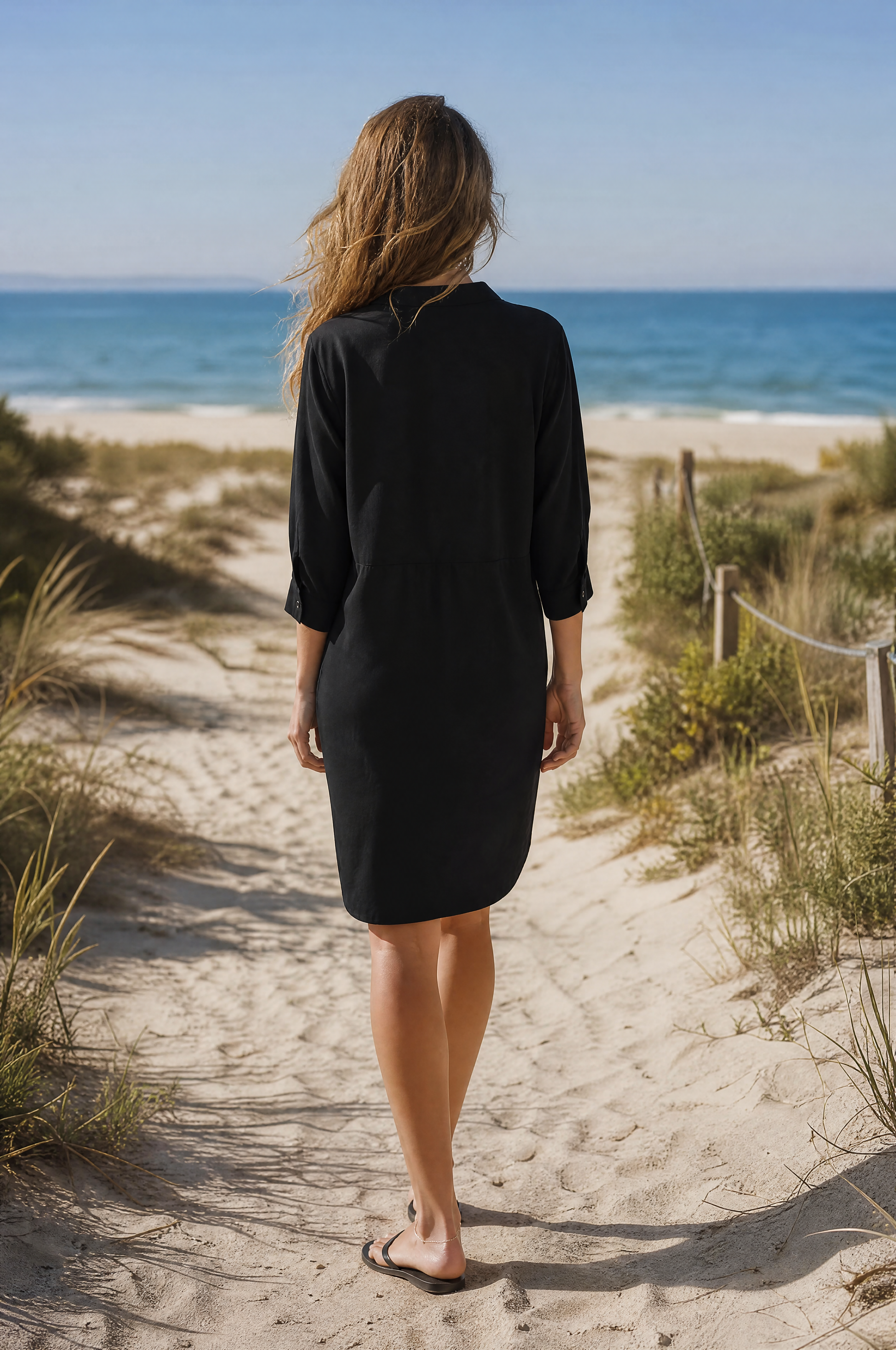Nadine H moderne linnenjurk met kraag in BLACK