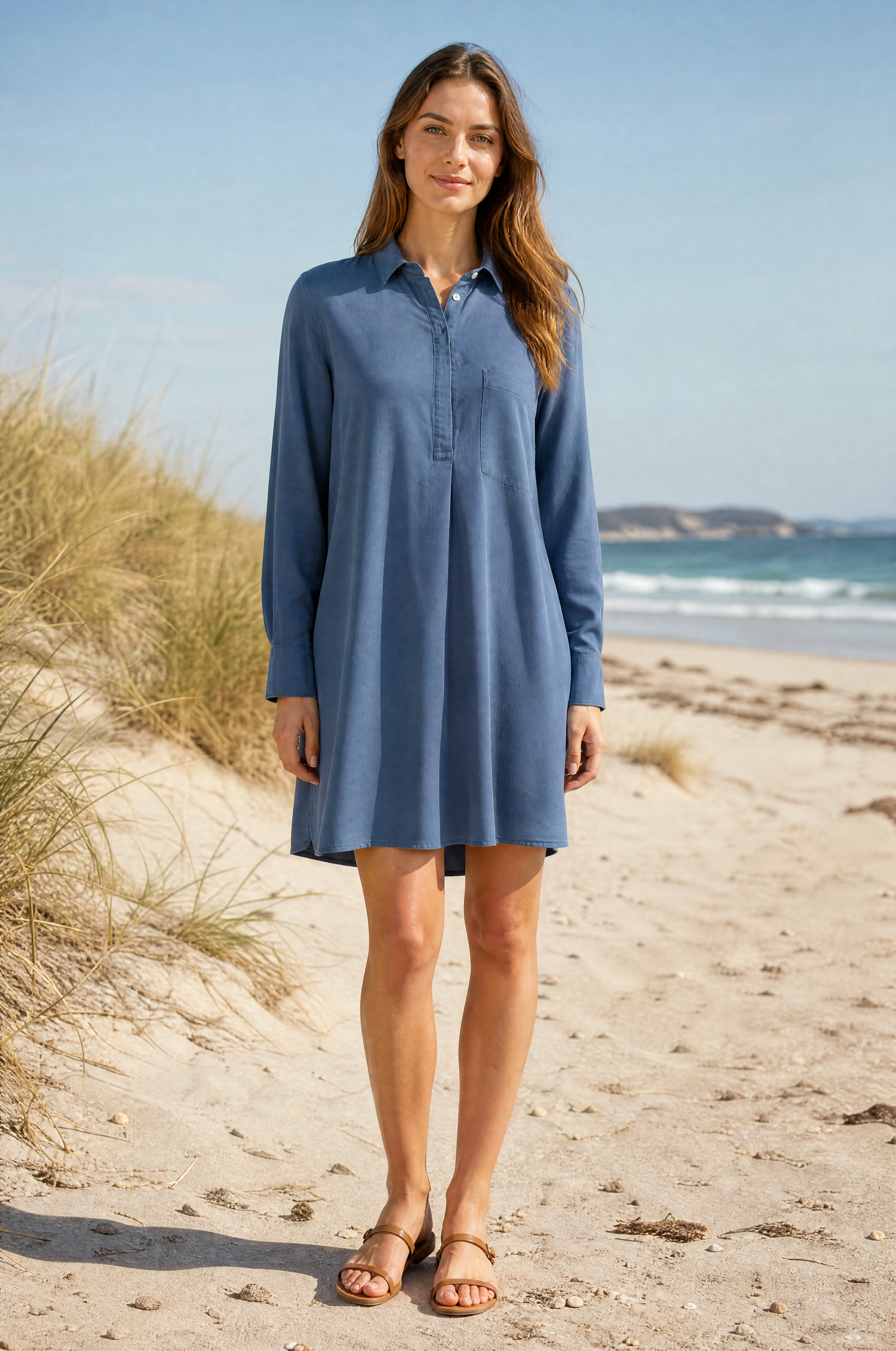 Nadine H vestido de verano ligero de lino con abotonadura y cuello en BLUE