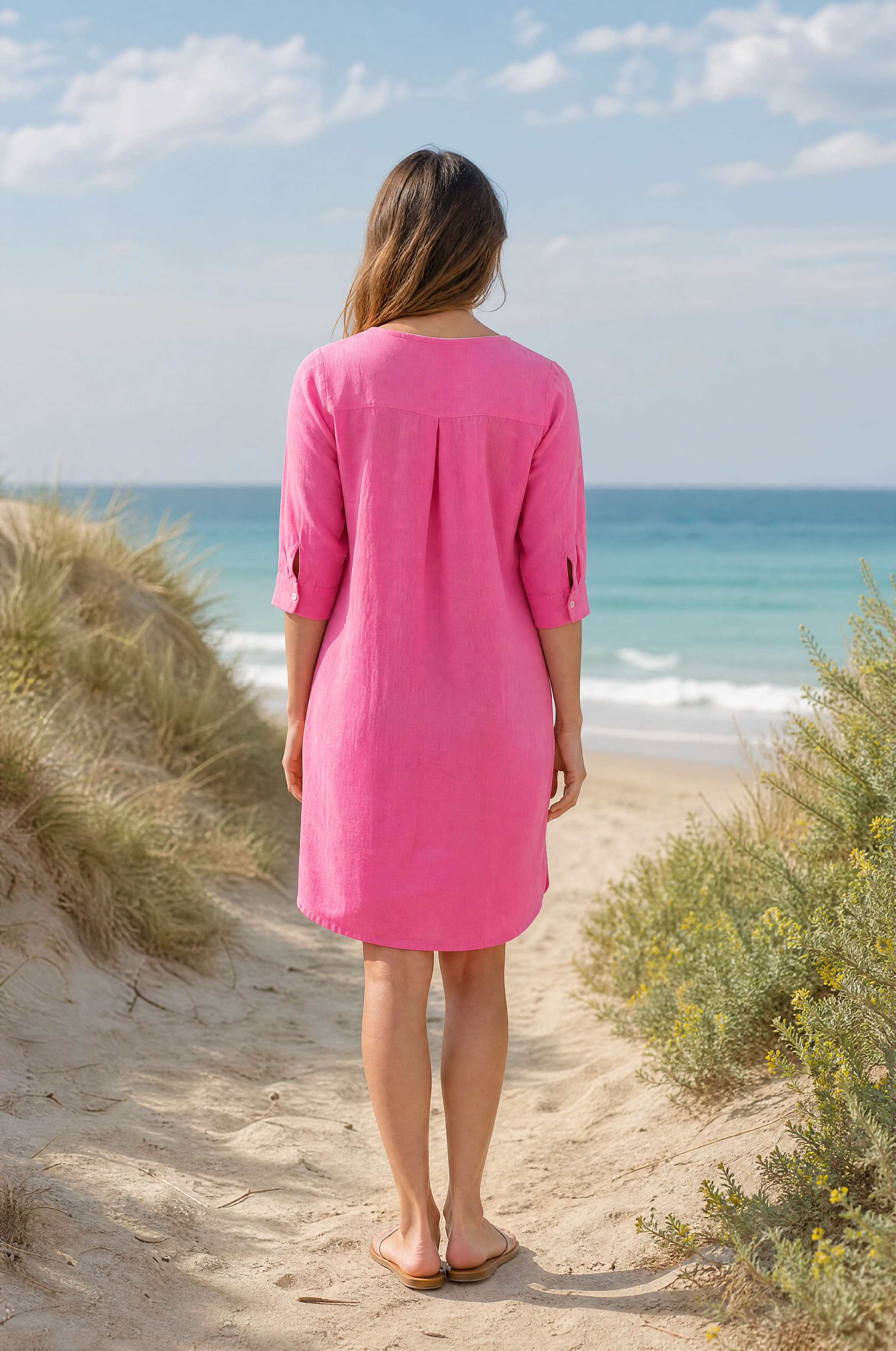 Robe en lin rose d'été tendance avec poches et col V