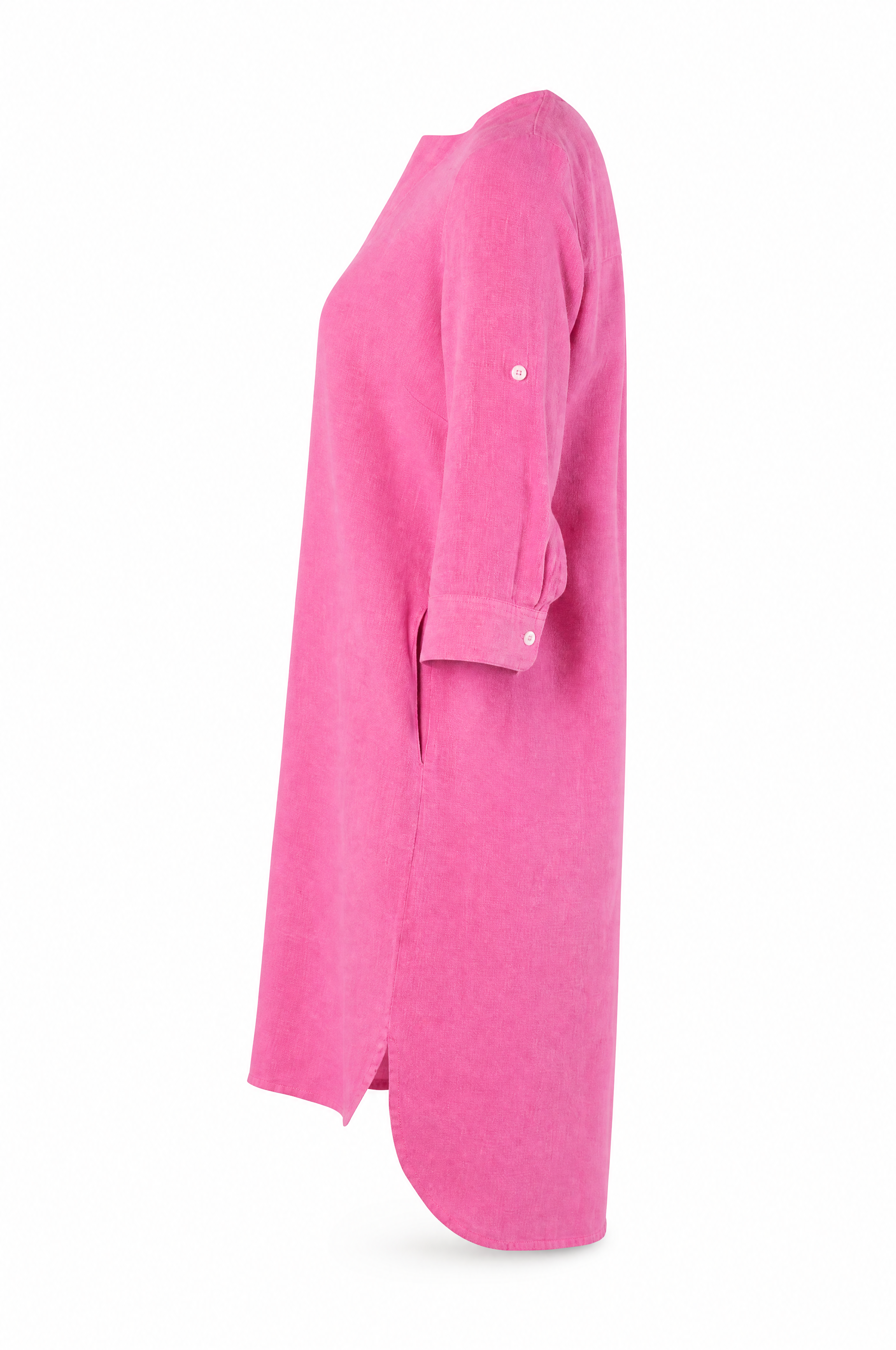 Robe en lin rose d'été tendance avec poches et col V