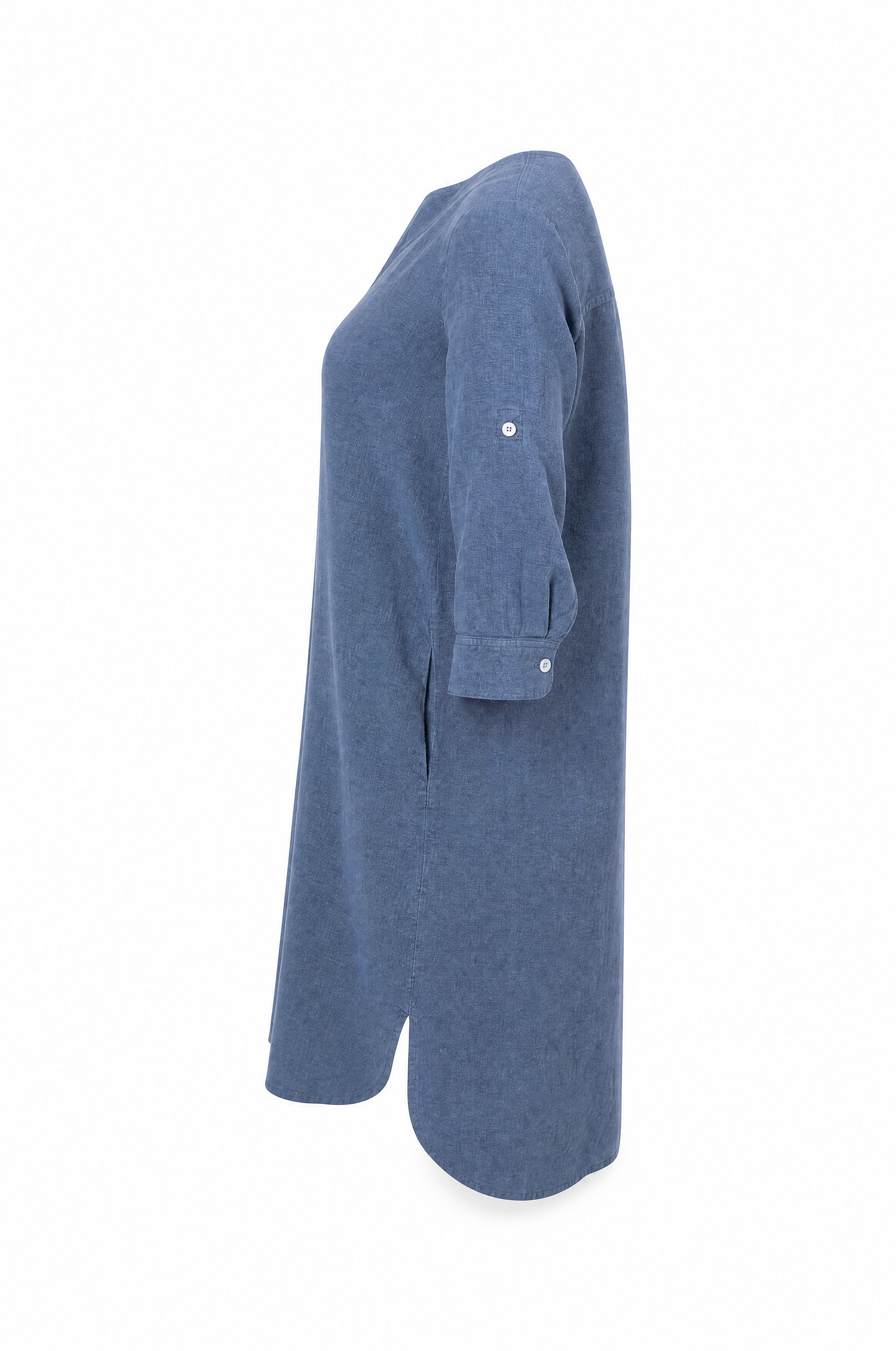 Linen dress in trendy spring blue with pockets and V-neckline