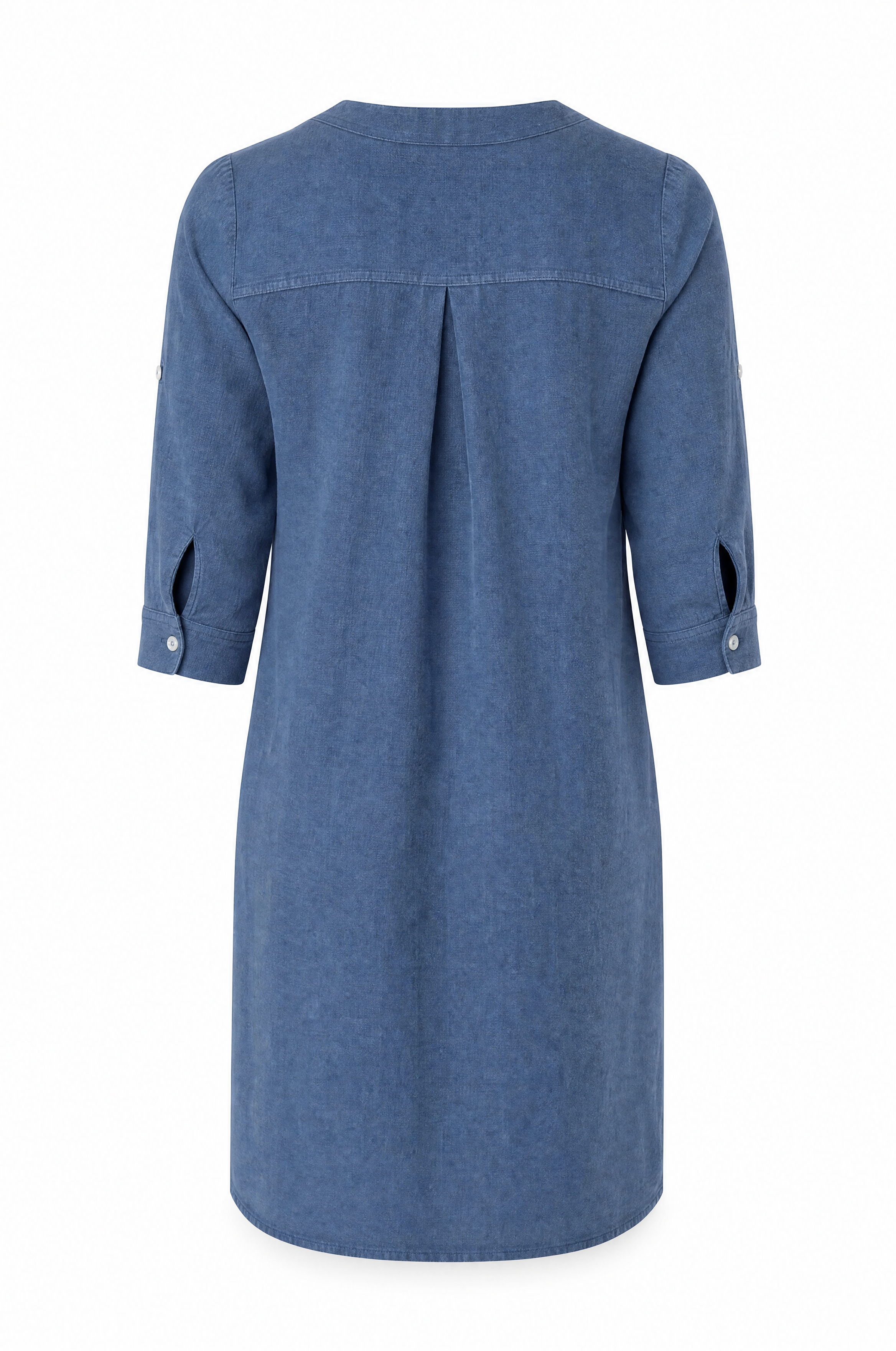 Linen dress in trendy spring blue with pockets and V-neckline