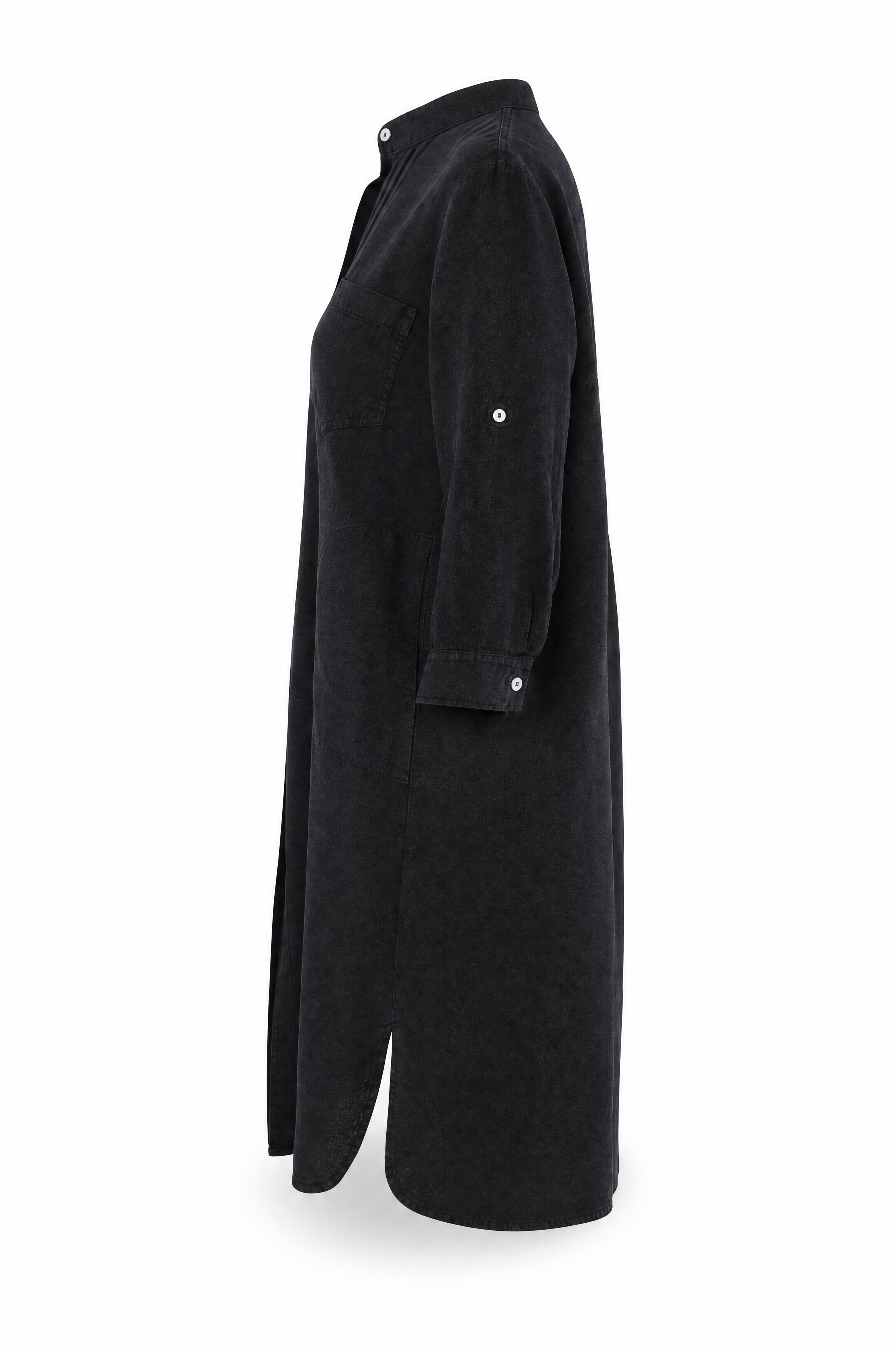 Leinenkleid im eleganten Schwarz mit Taschen und Knopfleiste
