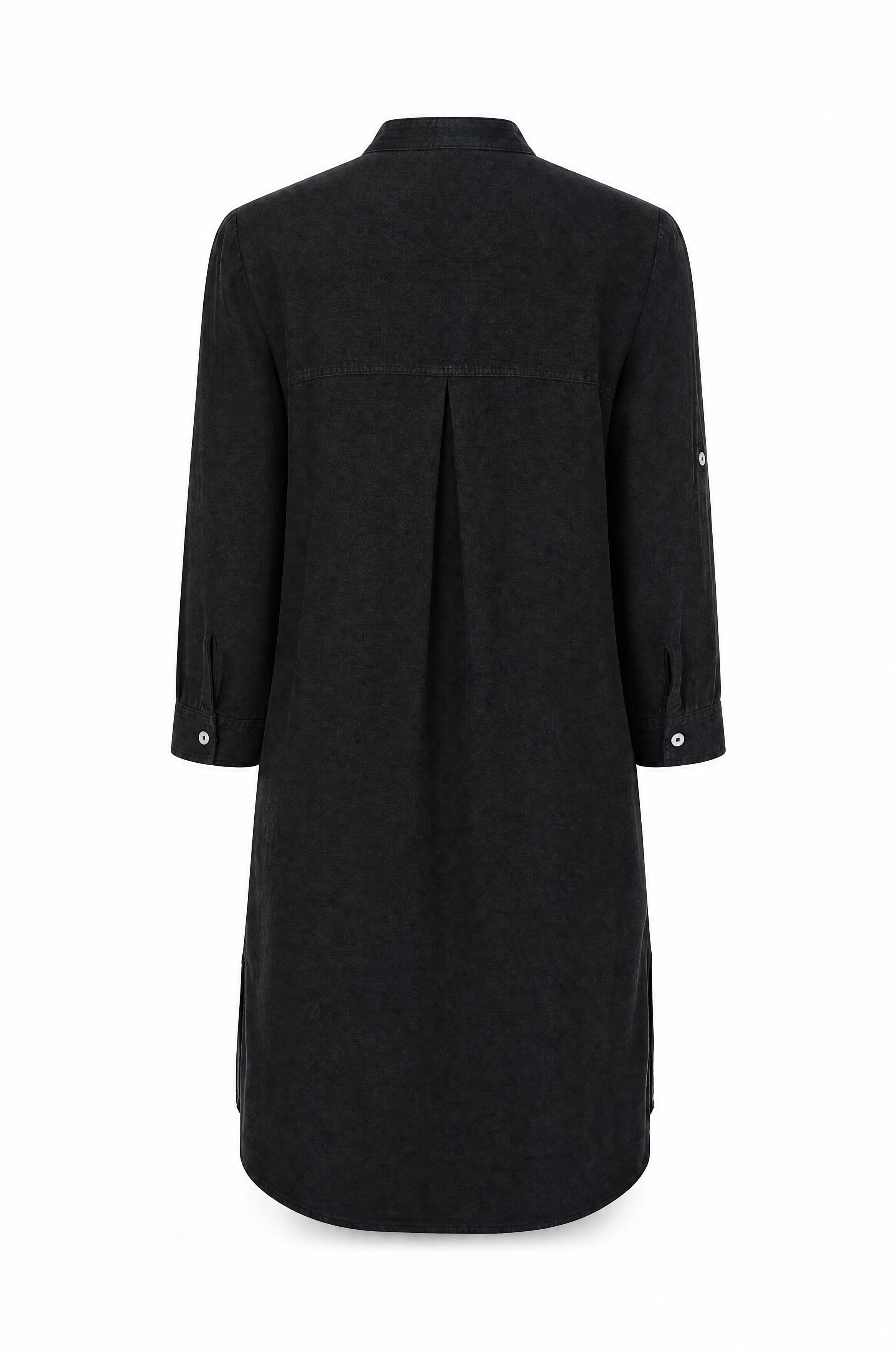 Leinenkleid im eleganten Schwarz mit Taschen und Knopfleiste