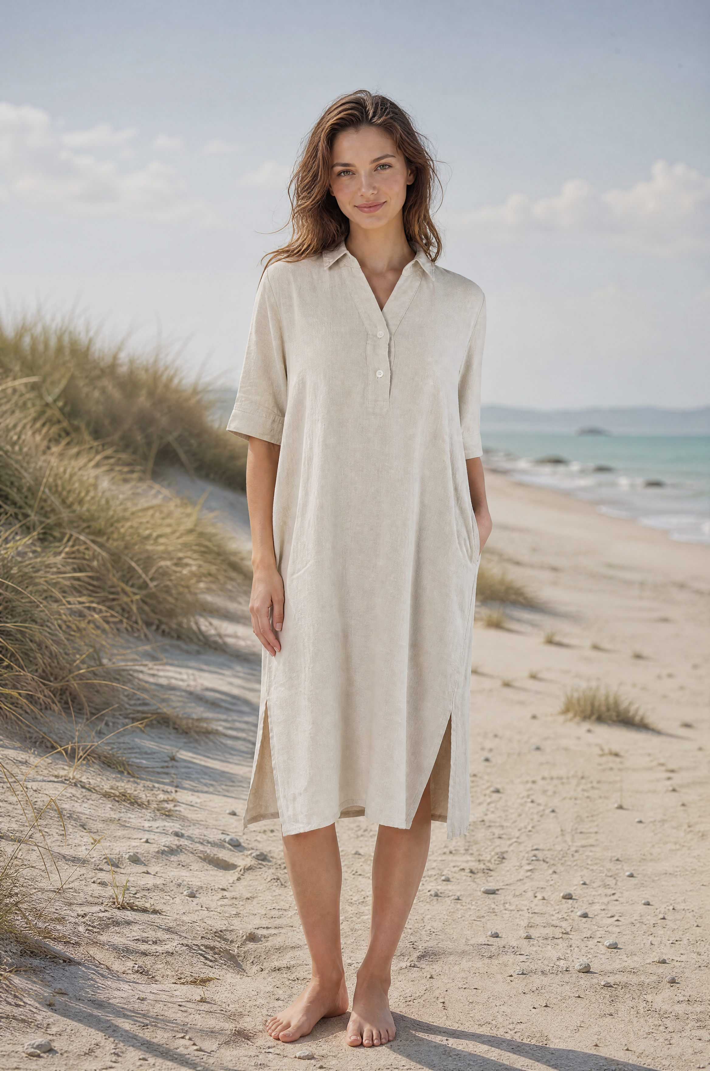 Linen dress in beautiful beige with pockets and a V-neck