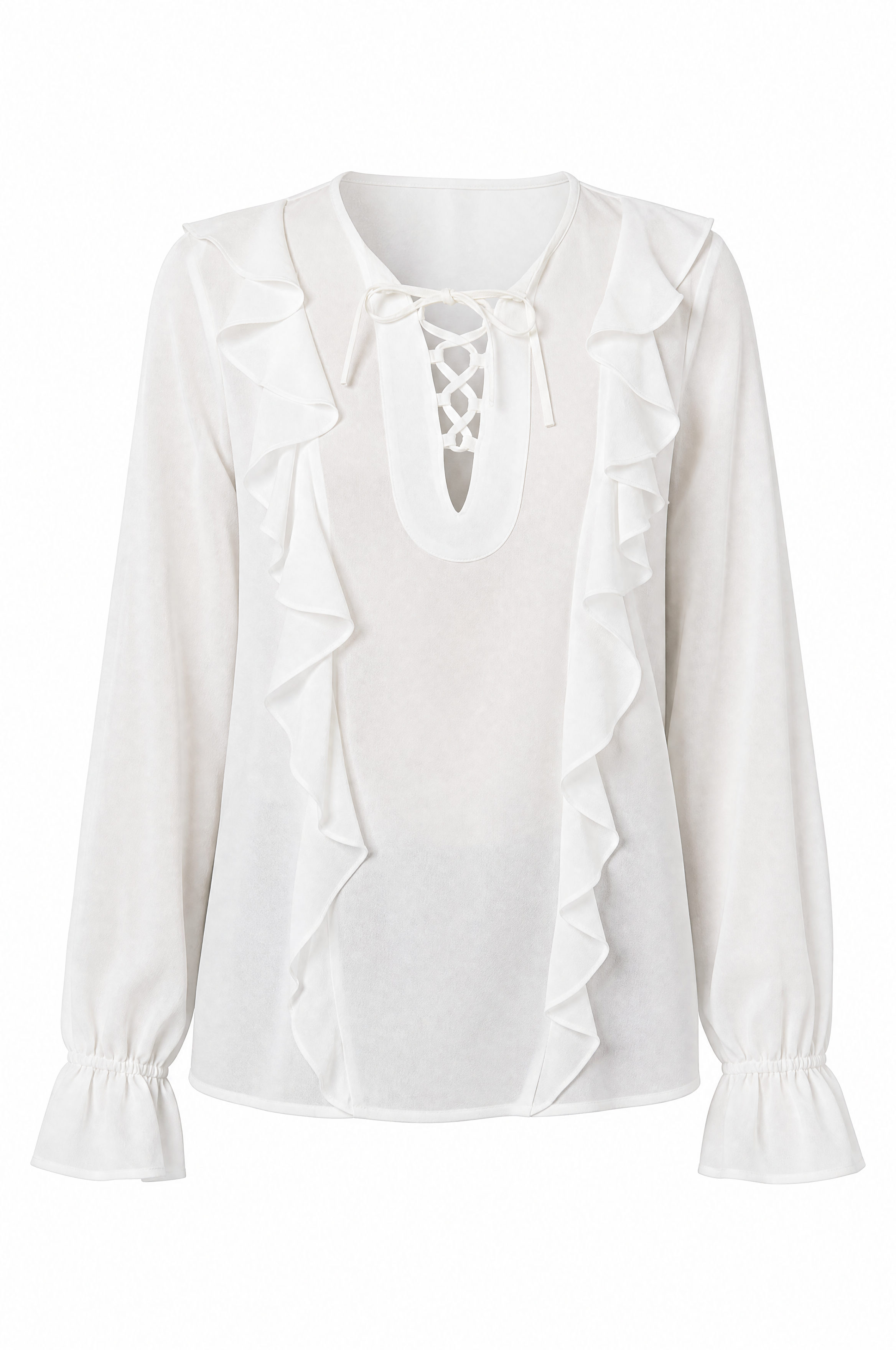 Spring silk blouse with a modern cut, ruffles and tie band