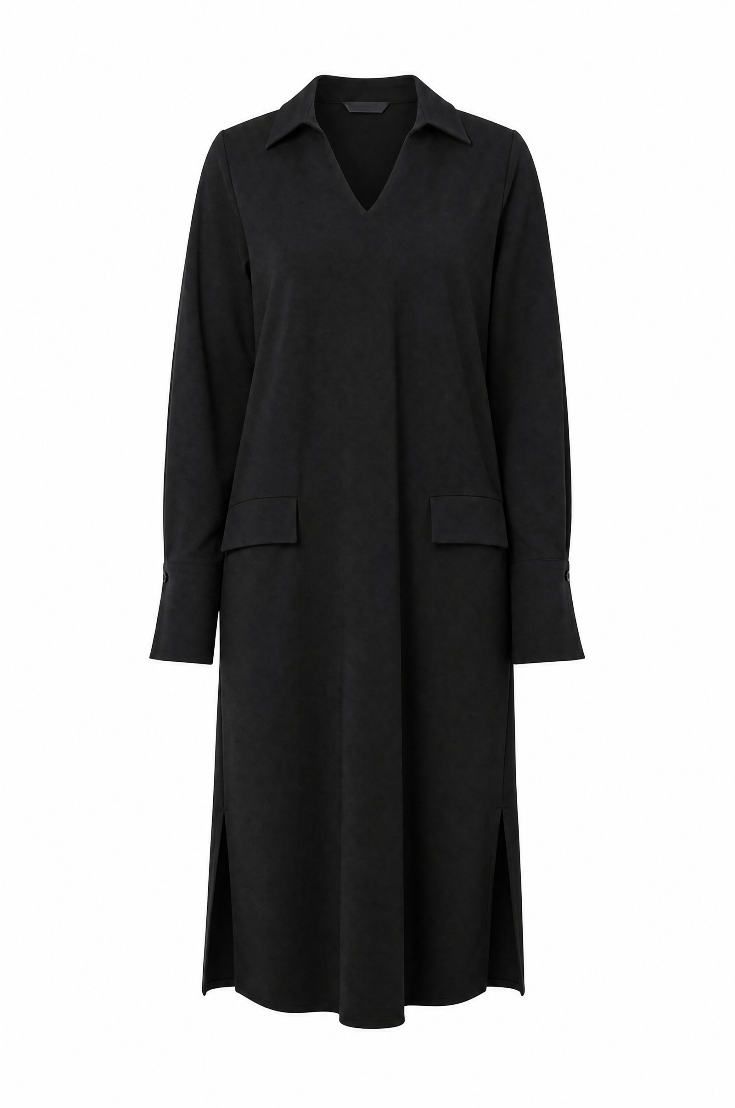 Elegante V-halsjurk met kraag, zijsplit en paspelzakken