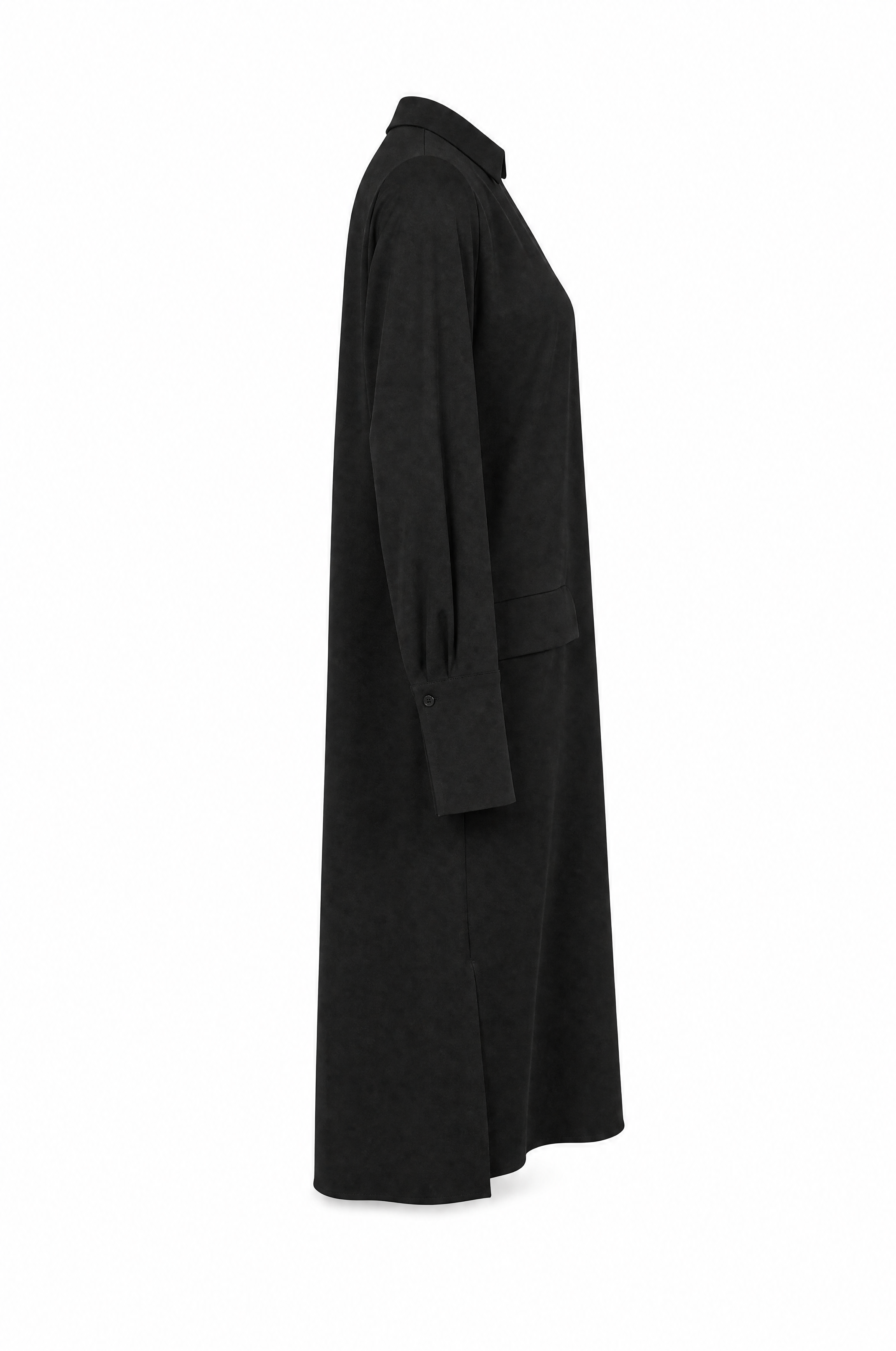 Elegante V-halsjurk met kraag, zijsplit en paspelzakken