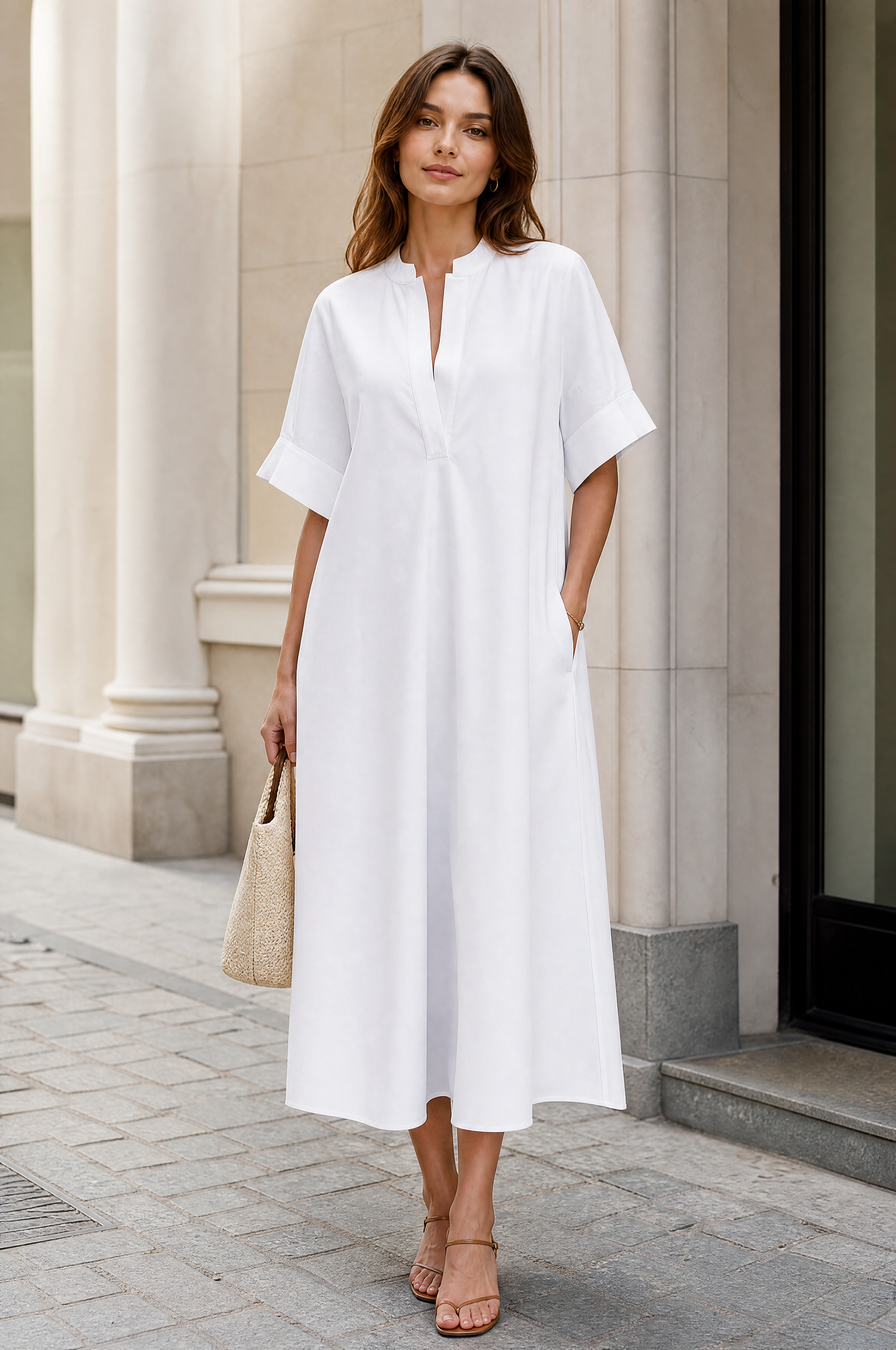 Nadine H vestido elegante con escote en V y dobladillo redondeado en BLANCO