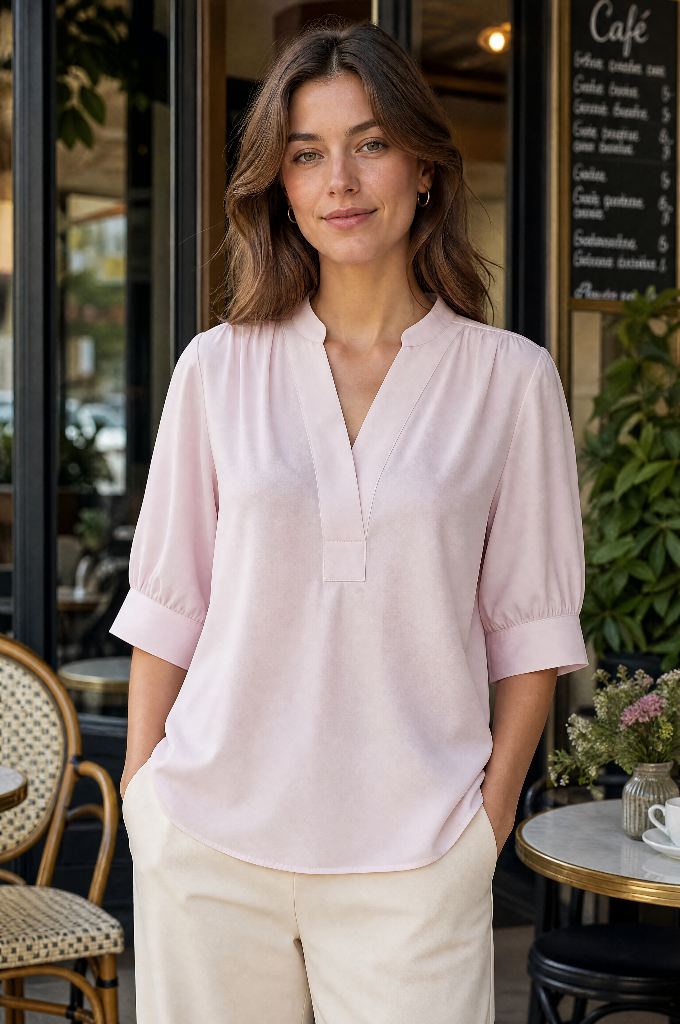 Nadine H bawełniana bluzka z dekoltem w serek i lekkimi bufkami w BLUSH