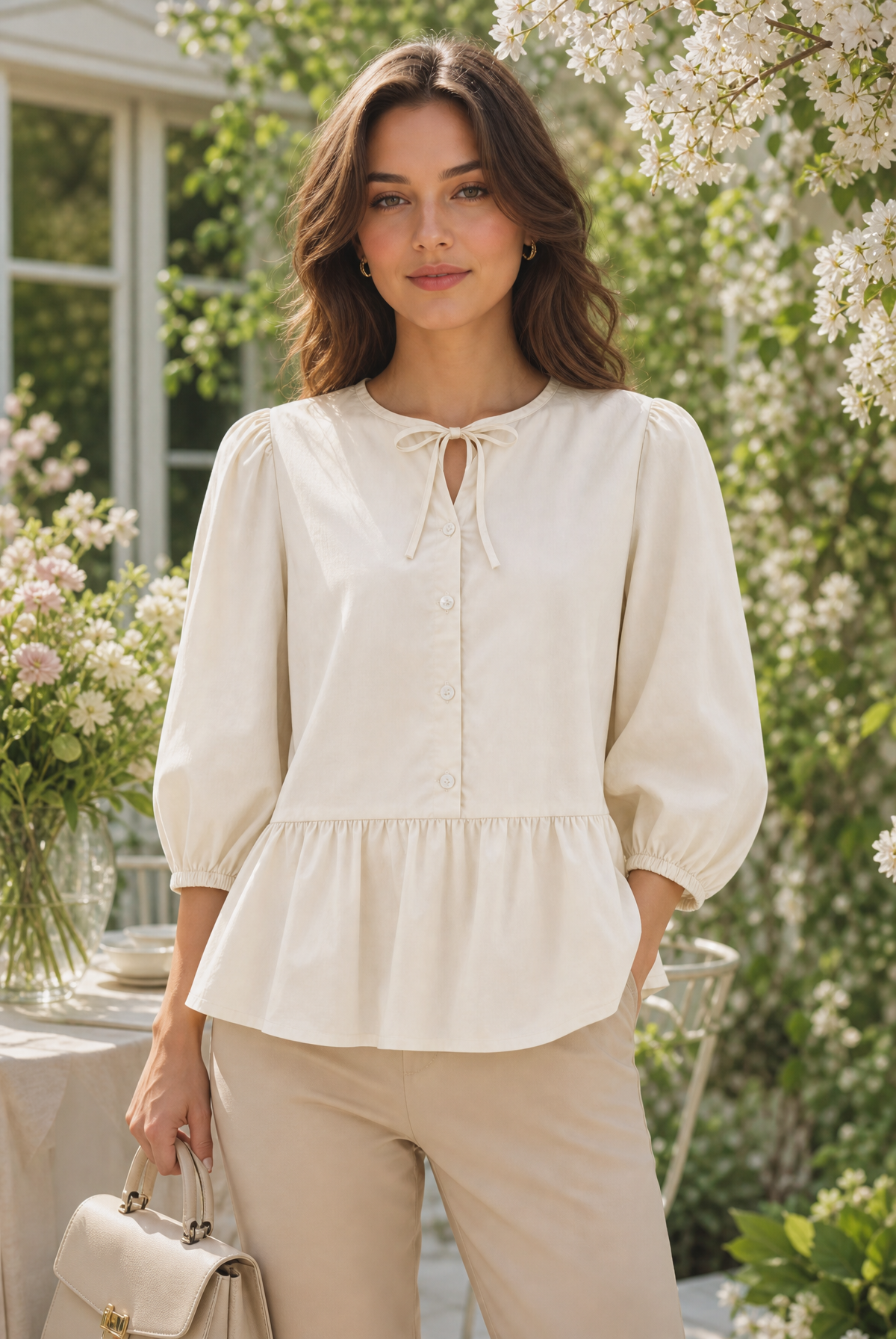 Cotton blouse with puff sleeves and collar band in spring style