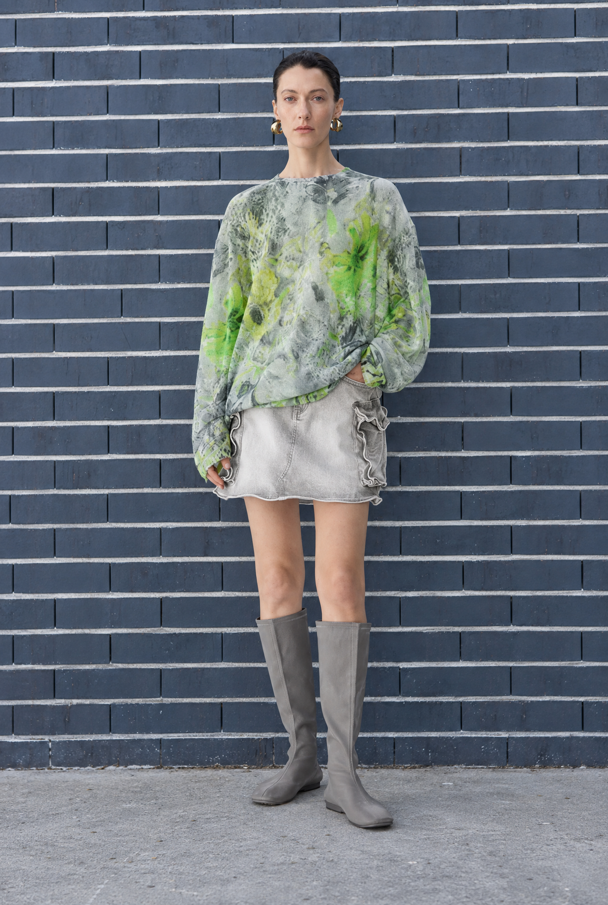 Damen Oversize Pullover Grau Grün Print Rundhals Wolle Herbst Winter Strick