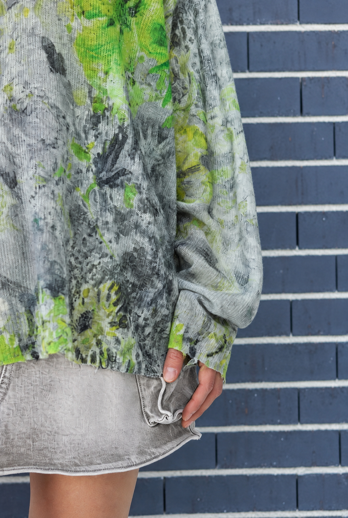 Damen Oversize Pullover Grau Grün Print Rundhals Wolle Herbst Winter Strick