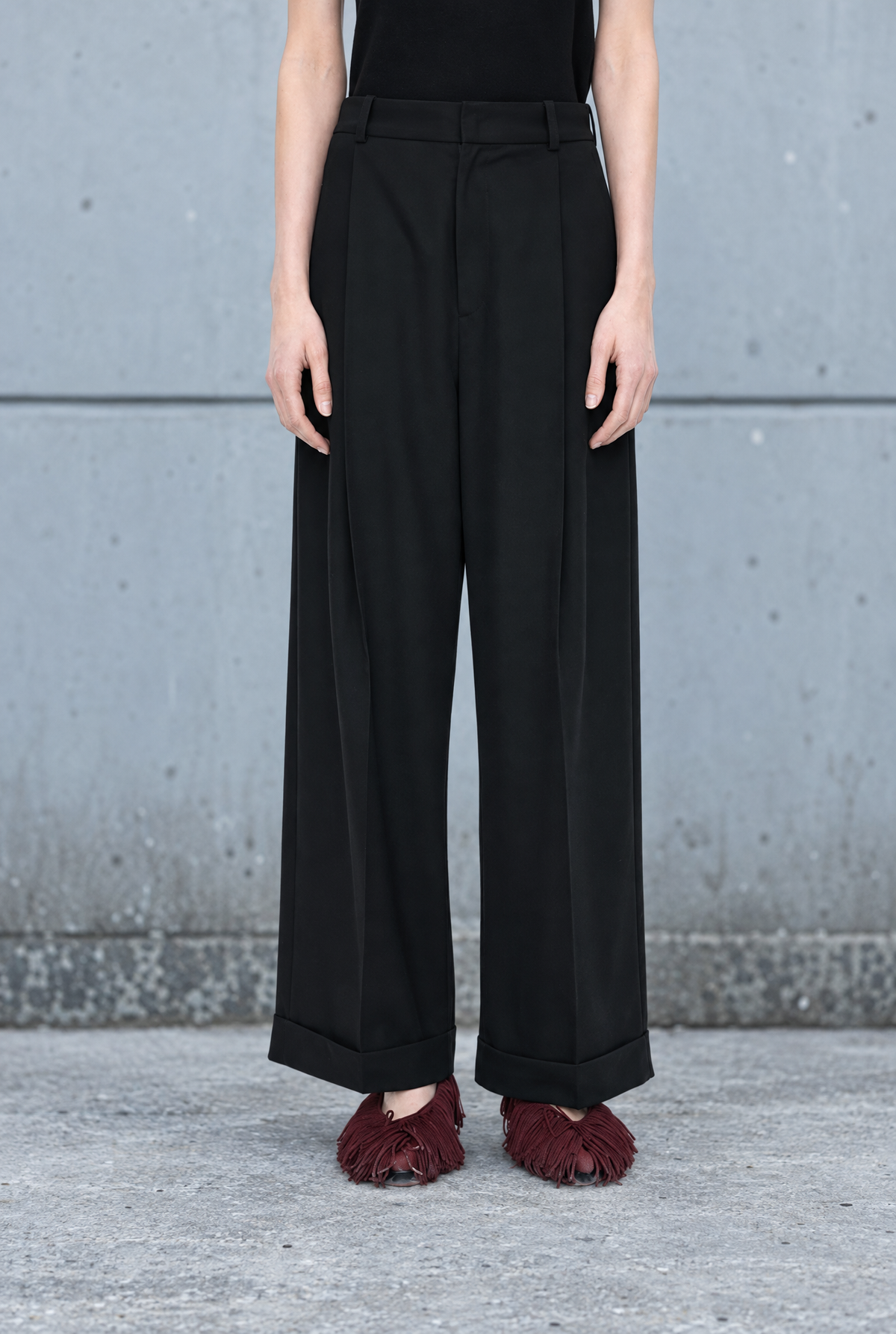 Damen Wollhose Schwarz Wide Leg Bundfalten Umschlag 100% Wolle Herbst Winter