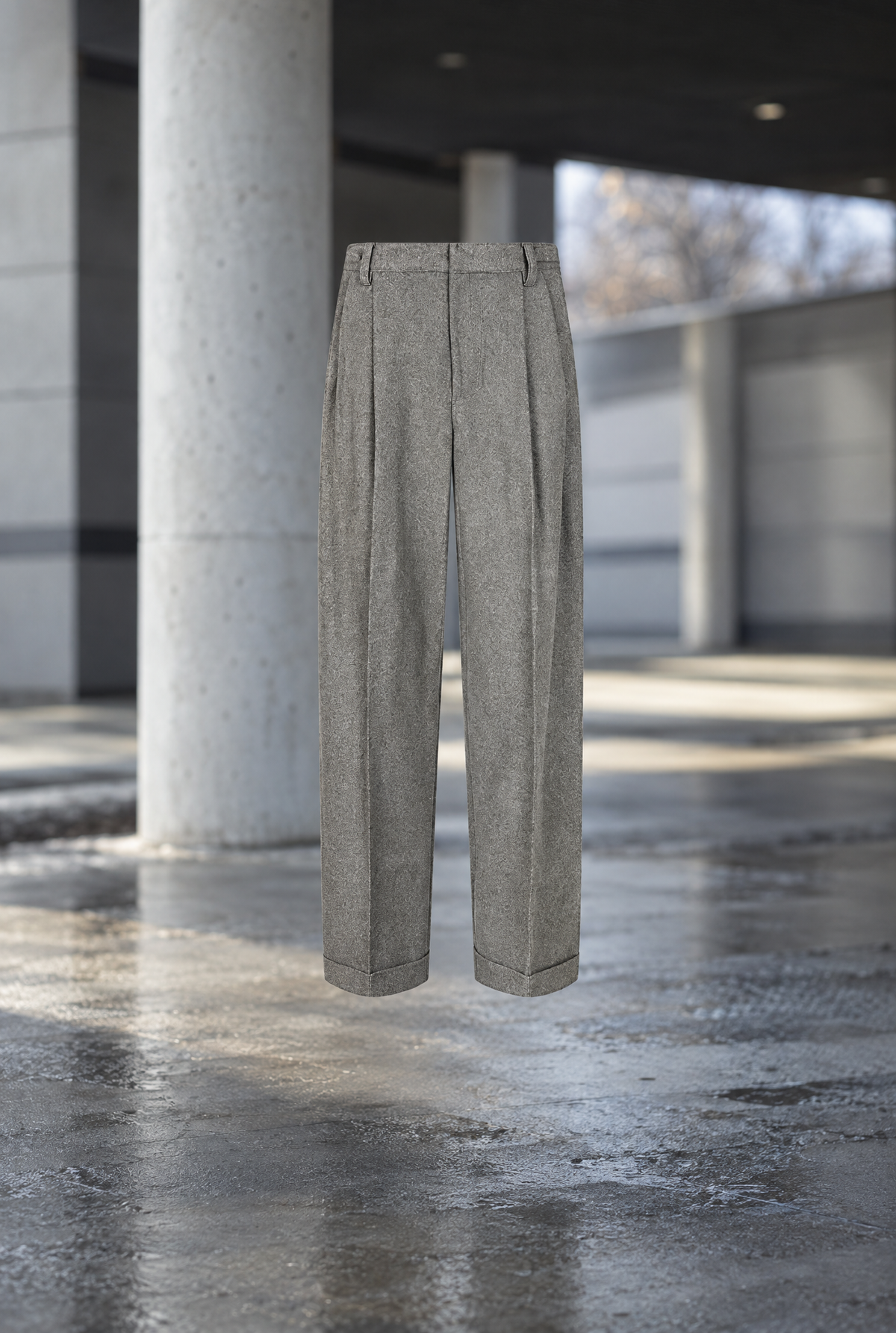 Damen Wollhose Grau Wide Leg Bundfalten Umschlag 100% Wolle Herbst Winter Hose