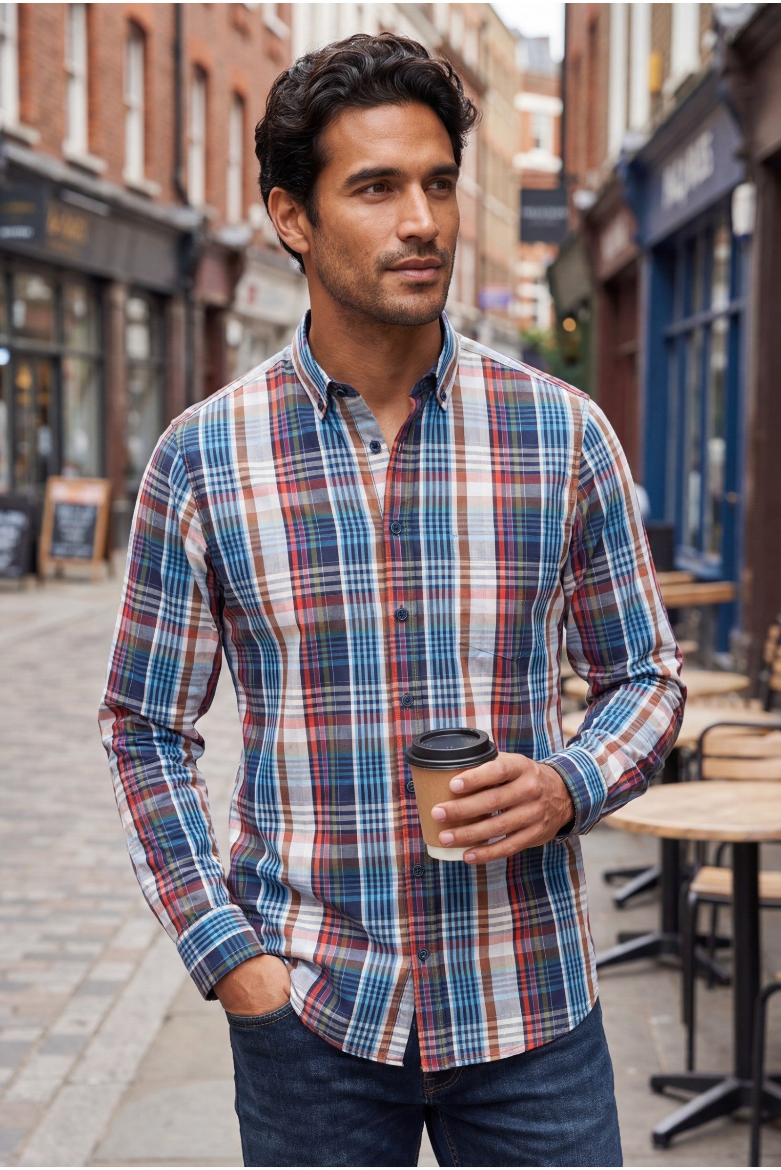 Haupt Popelin Modern Fit herenoverhemd met ruitpatroon navy