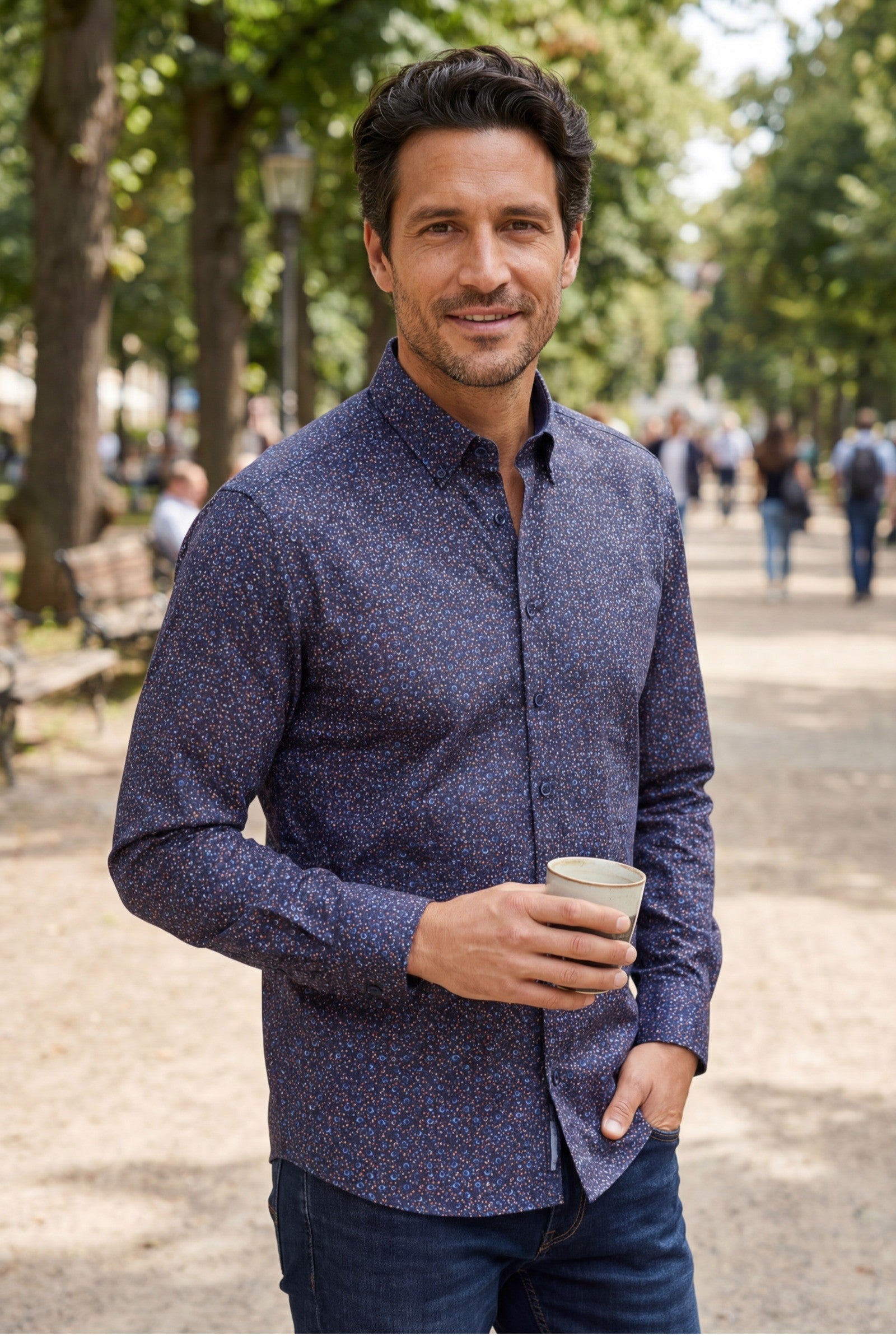 Haupt Popelin Modern Fit Overhemd met Lange Mouwen voor Heren met Allover Cirkelpatroon navy