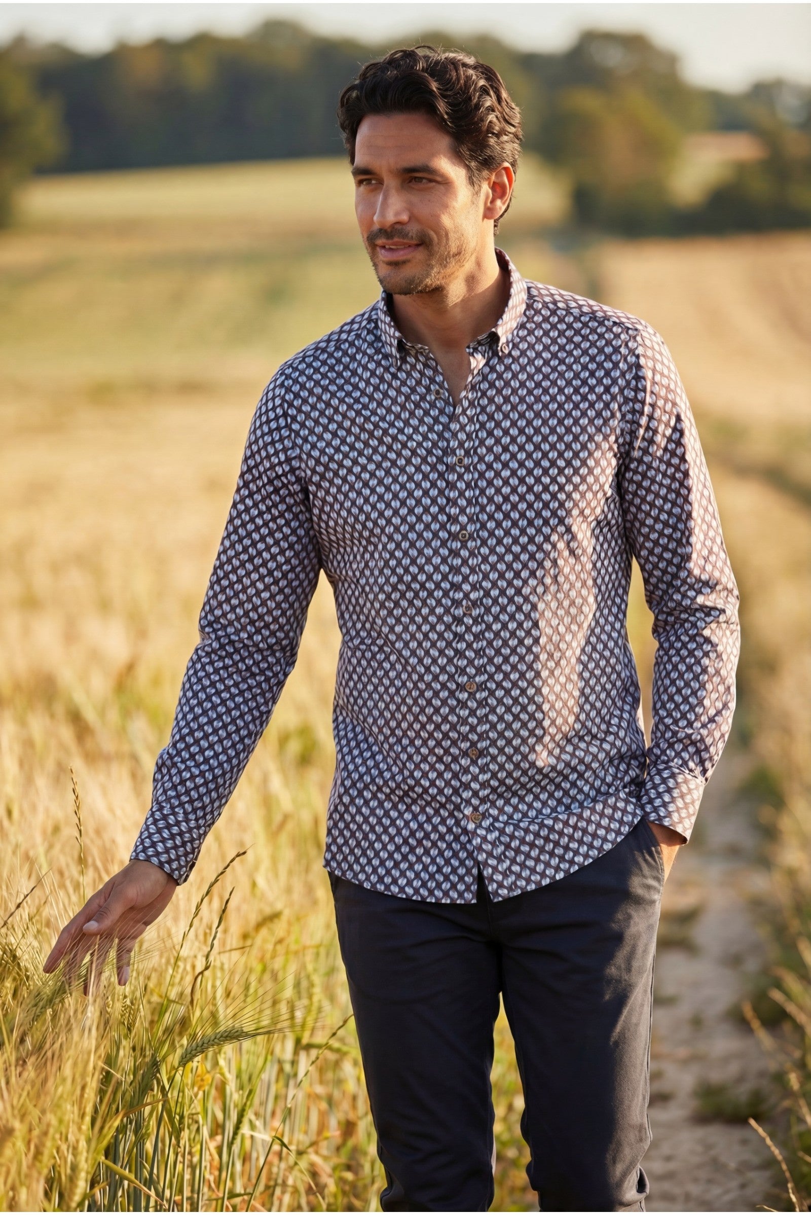 Haupt Modern Fit Lange Mouw Katoenen Herenoverhemd met Allover-Patroon multicolor