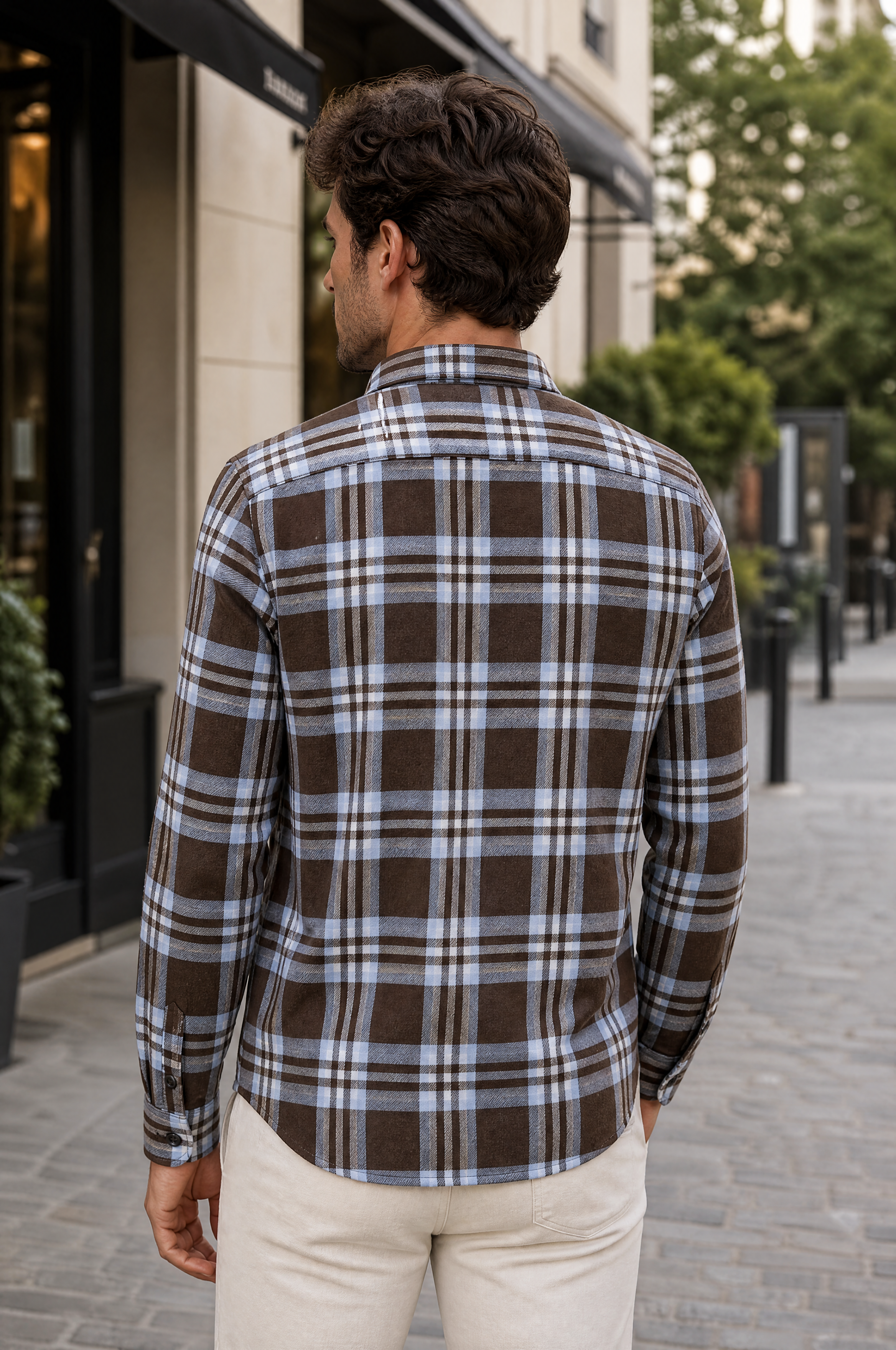 Regular Fit Tall Flanell Langarm-Herrenhemd Karo Brown-Blue Frühling