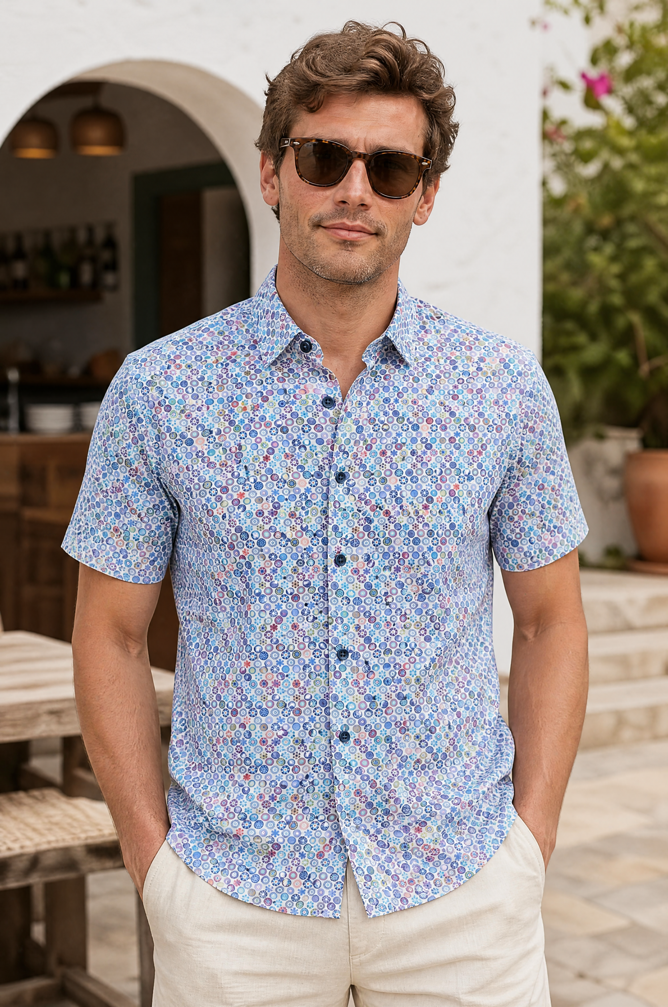 Modern Fit Kurzarm Baumwoll-Herrenhemd mit Allover Kreis Print Sommer