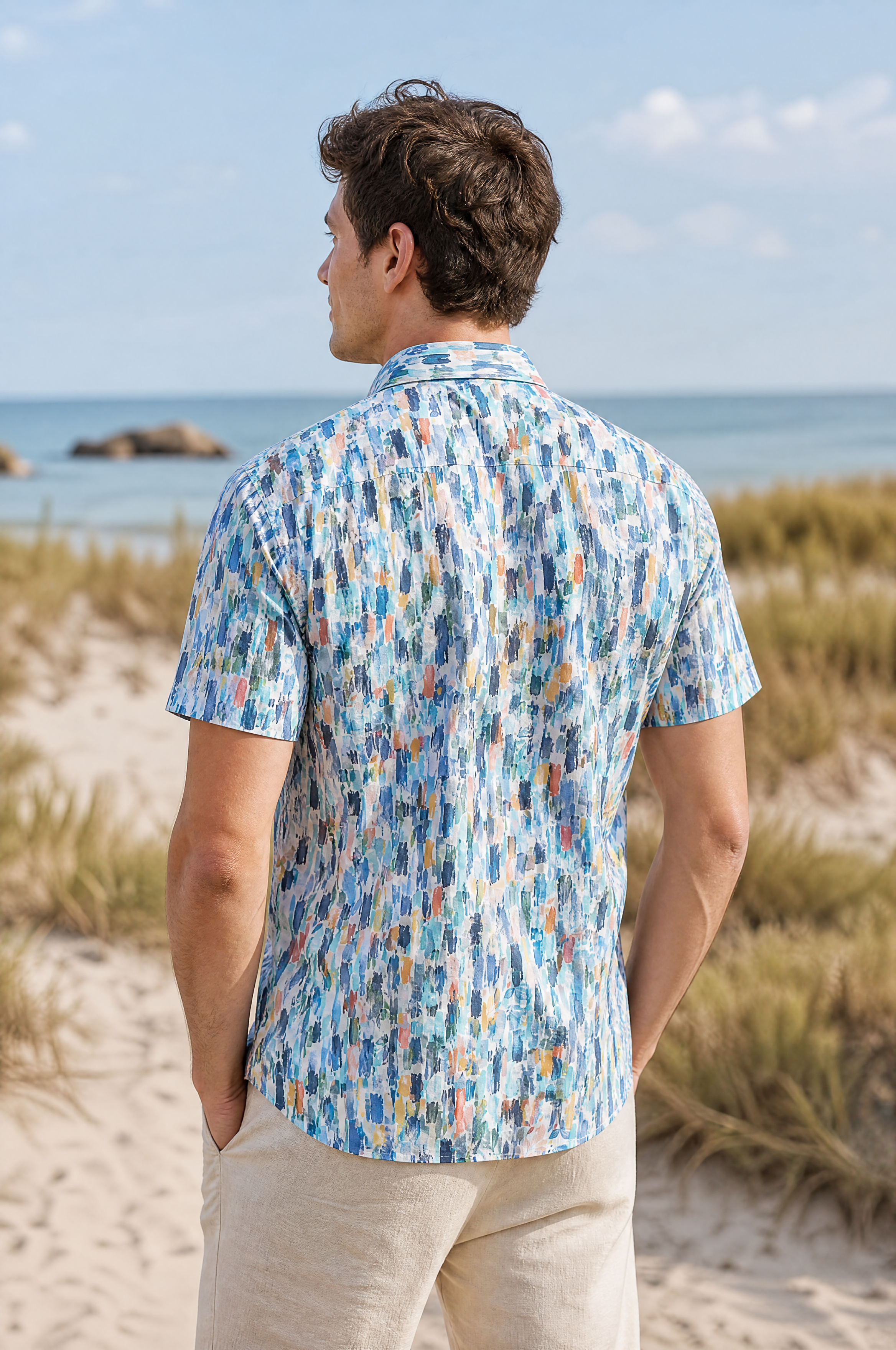 Modern fit kortemouw popeline herenhemd met all-over kleurstrepen, blauw