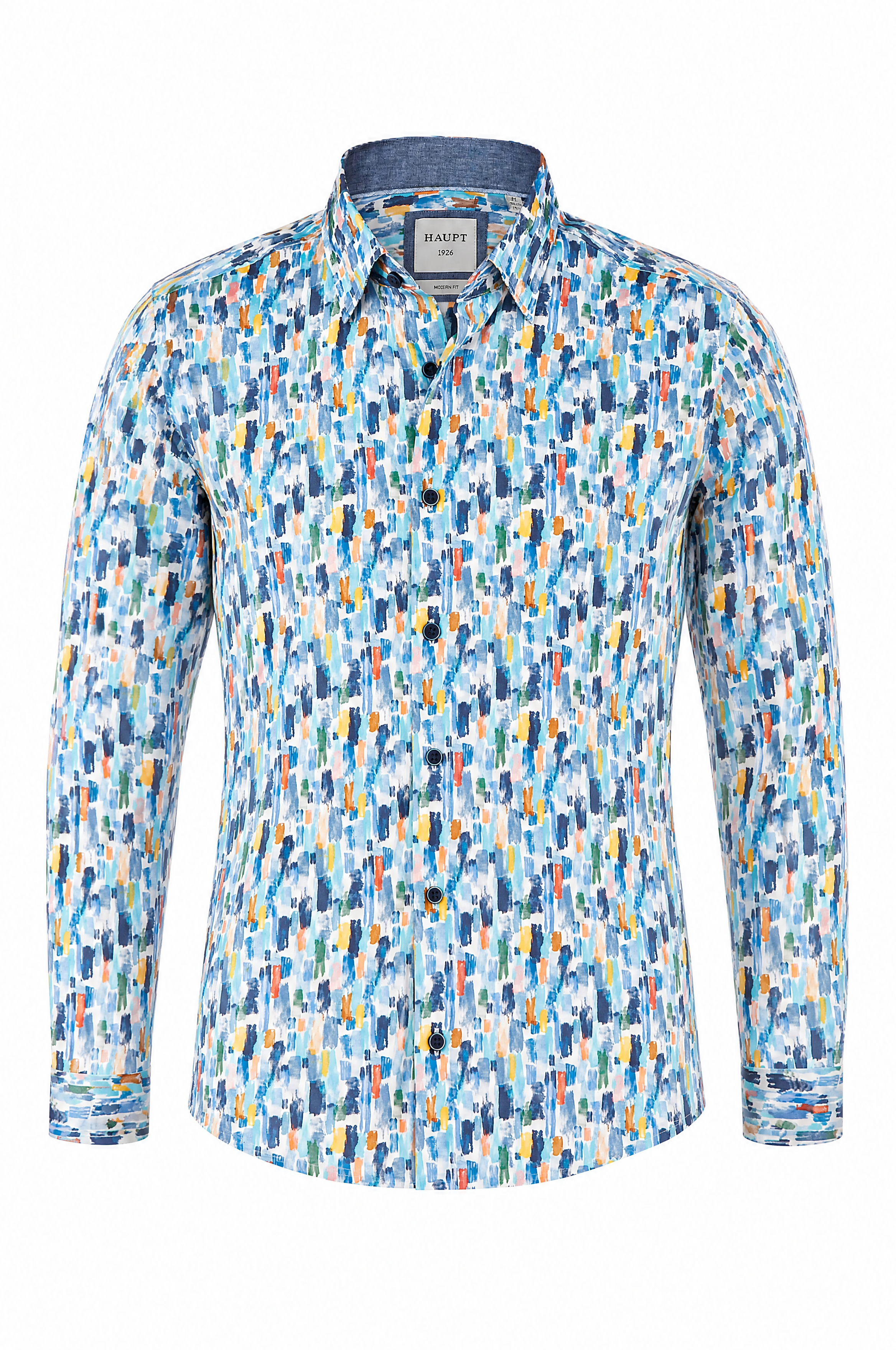 Modern fit kortemouw popeline herenhemd met all-over kleurstrepen, blauw