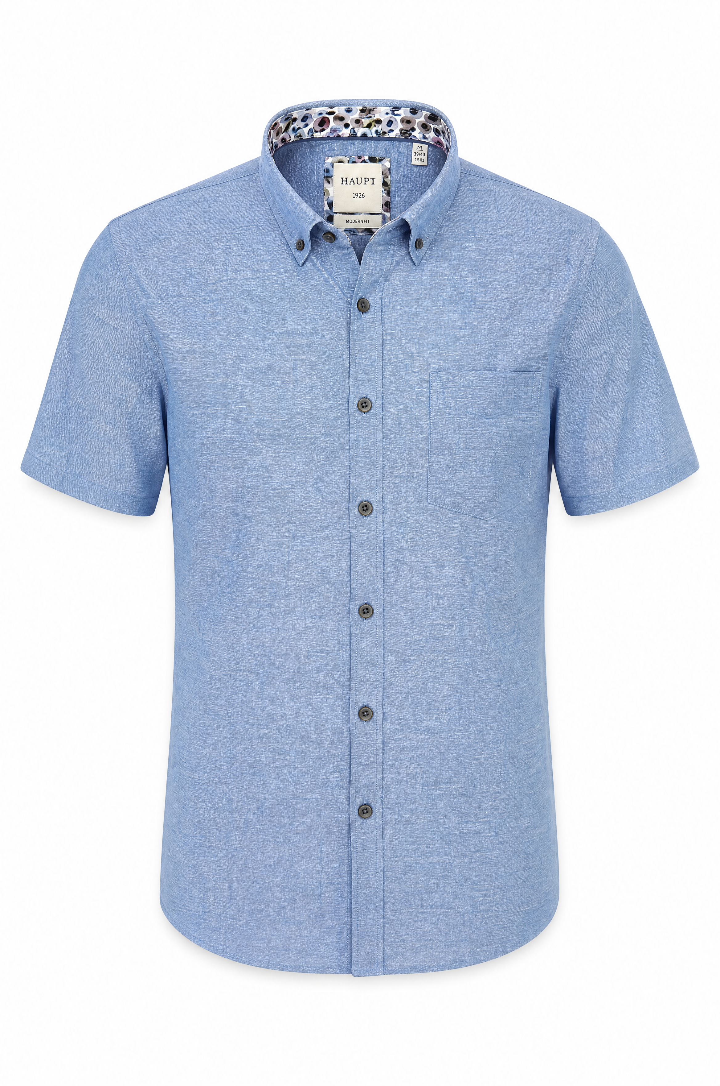 Kurzarm Herrenhemd aus Baumwolle-Leinen Blau Modern Fit Sommer