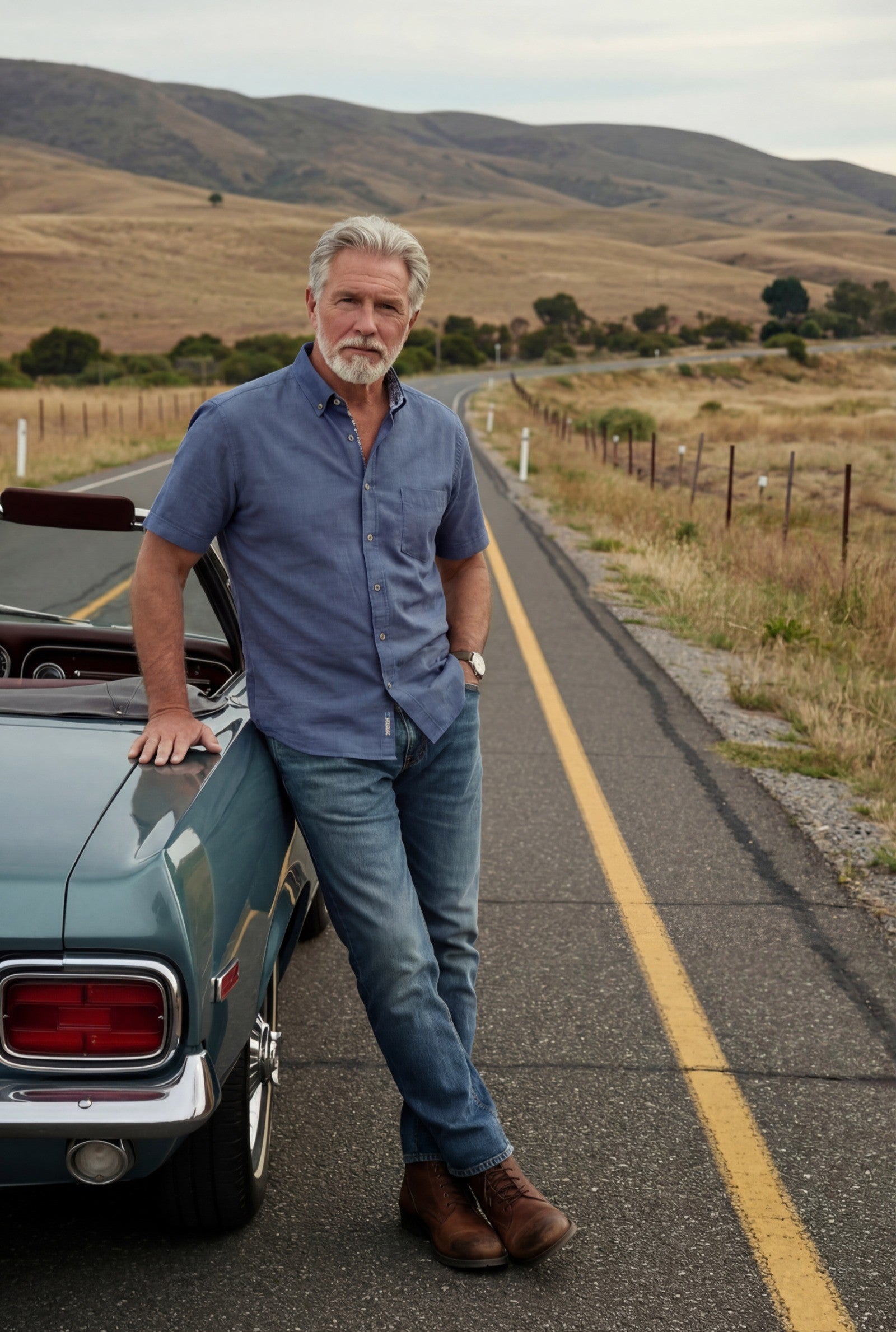 Camisa de hombre de manga corta moderna de algodón y lino en azul marino