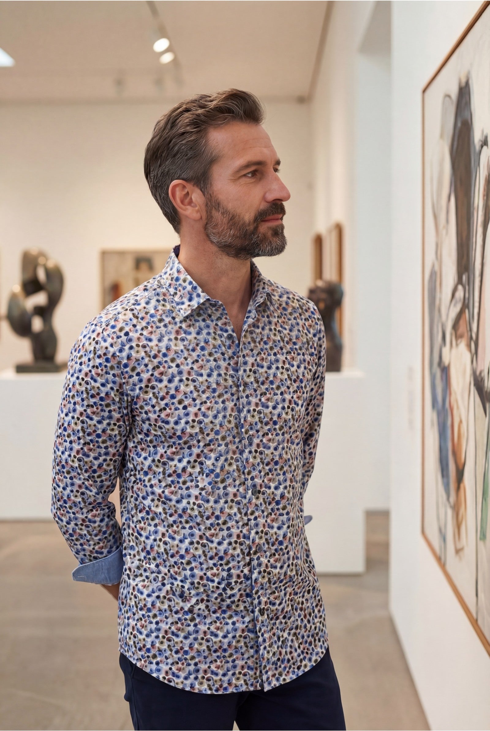 Haupt Modern Fit Lange Mouw Herenoverhemd Katoen-Linnen met Allover-Print multicolor