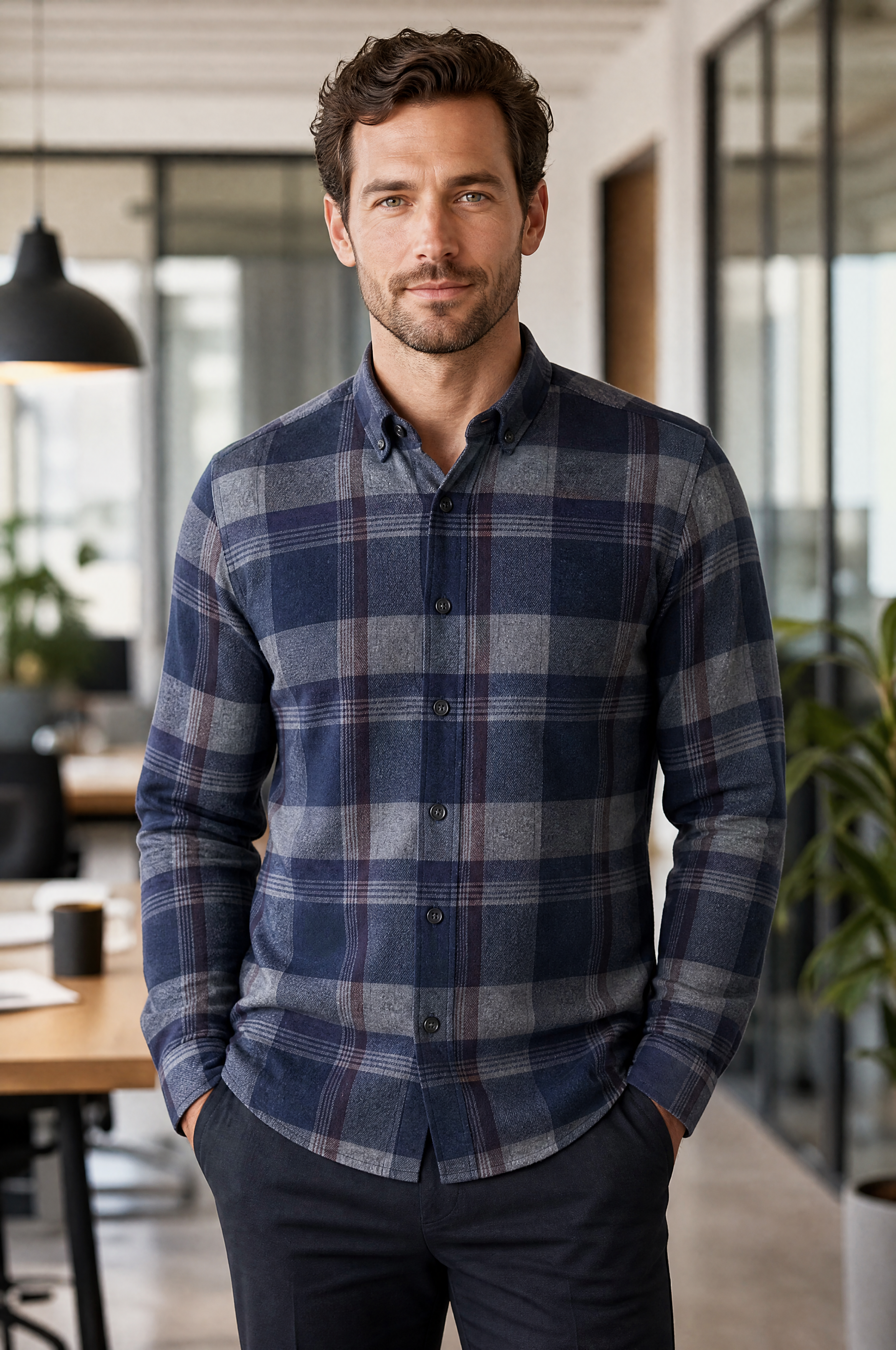 Regular Fit Tall flanellen herenoverhemd met lange mouwen True Blue geruit voorjaar