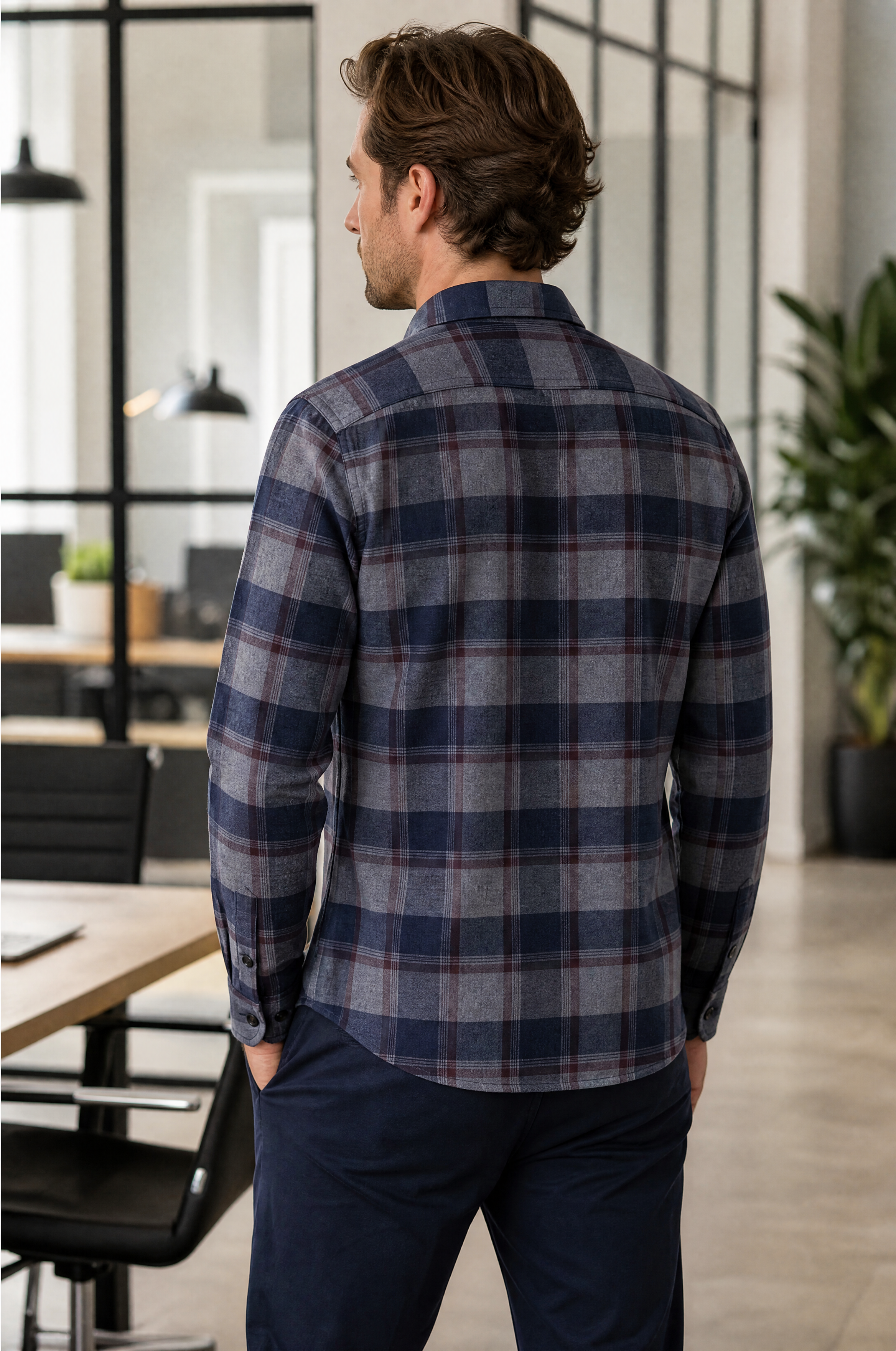 Regular Fit Tall flanellen herenoverhemd met lange mouwen True Blue geruit voorjaar