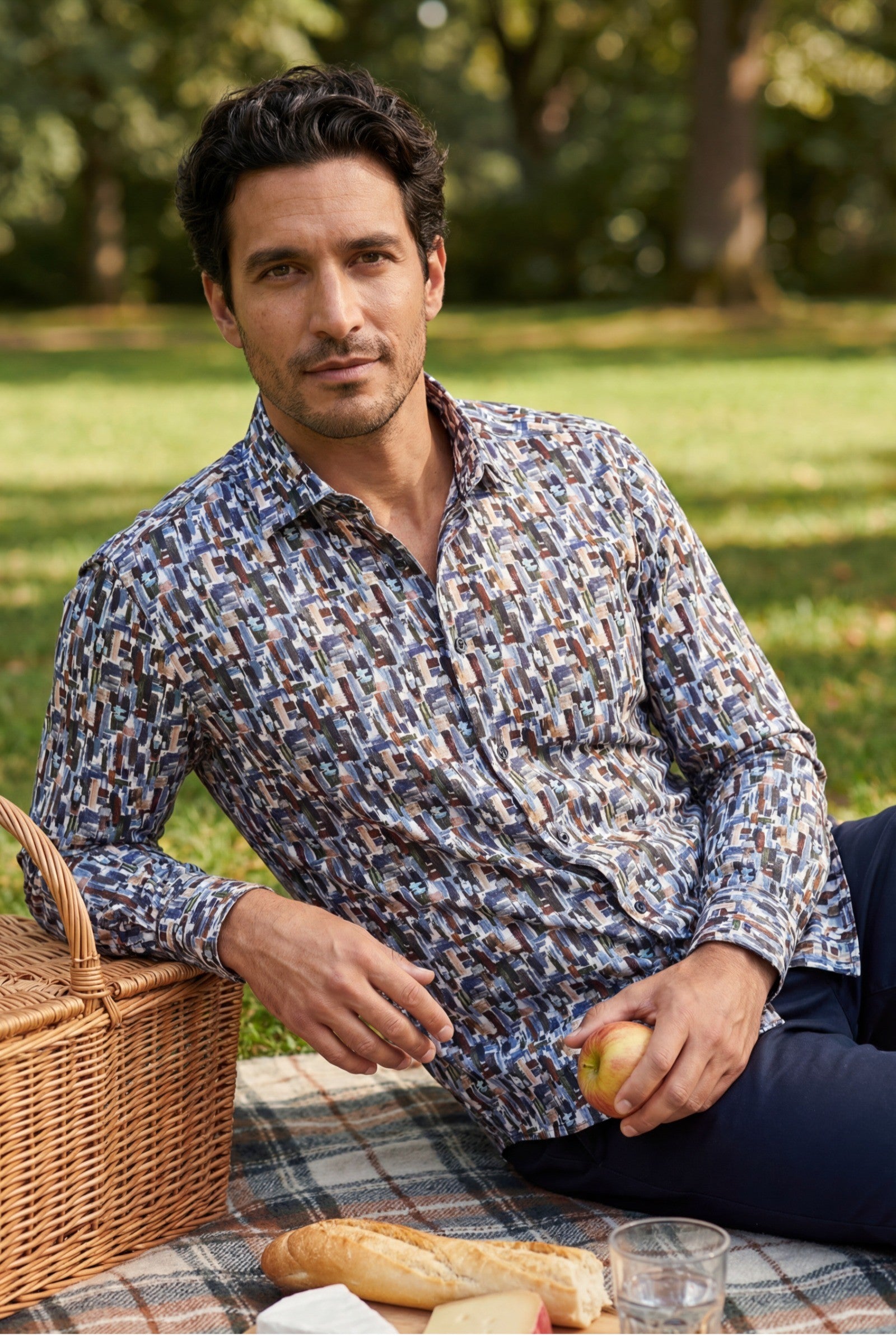 Modern Fit Langarm Popeline-Herrenhemd Pinselprint Multicolor Style Frühling