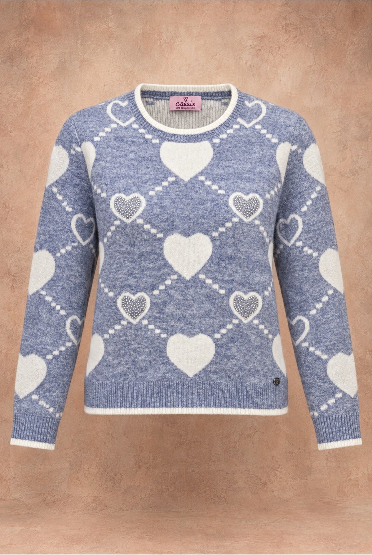 Damen Pullover Blau Off-White Herzmuster Rundhals Strass Herbst Winter Strick