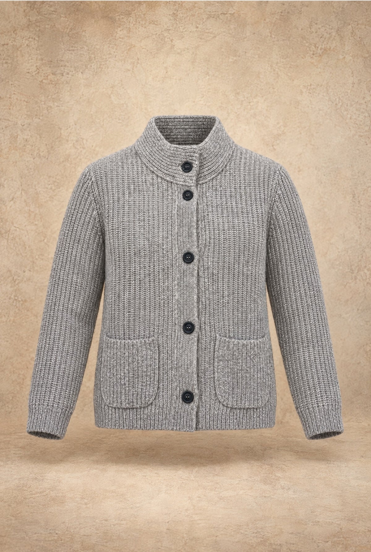 Damen Strickjacke Grau Stehkragen Knopfleiste Taschen Winter Herbst Damenmode