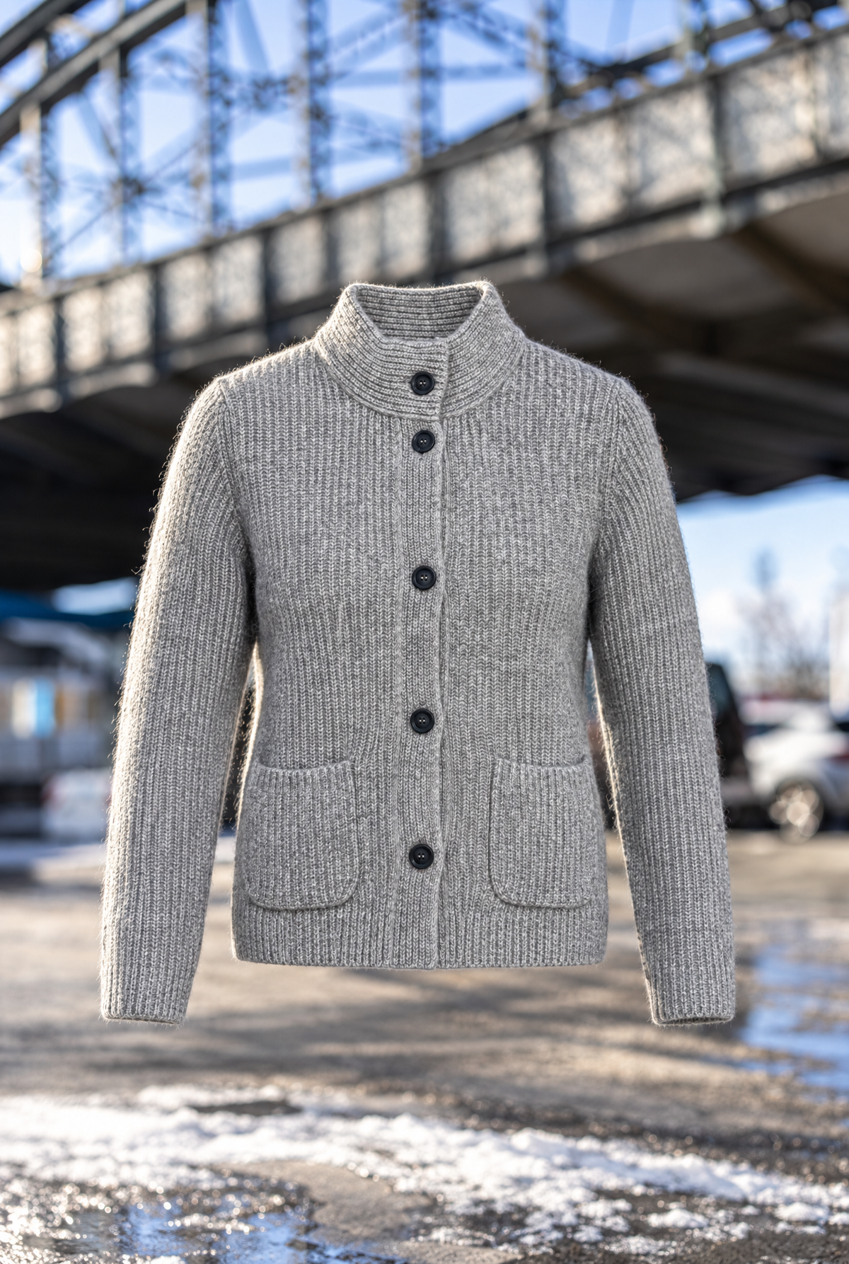 Women's Gray Cardigan with Stand-Up Collar, Button Front and Pockets, Fall/Winter Fashion