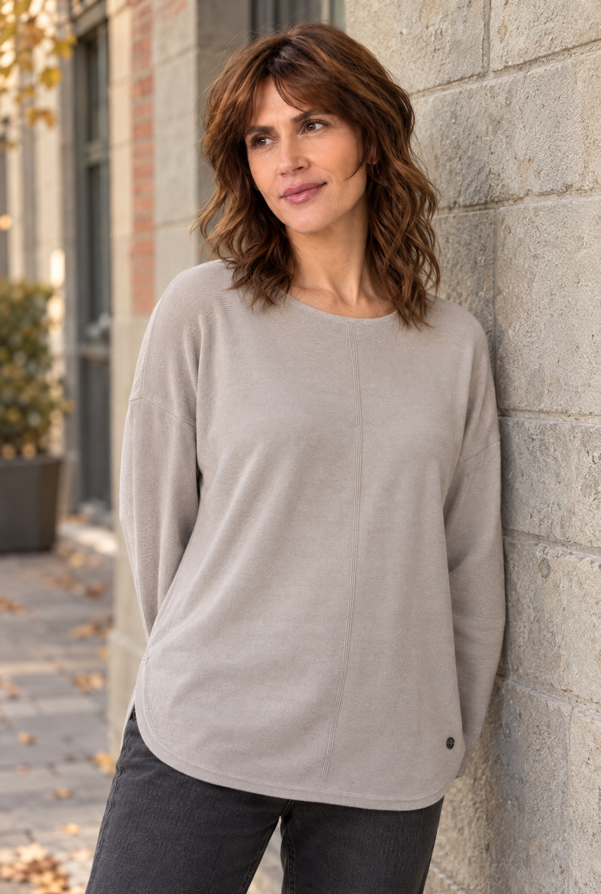 Damen Pullover Beige Feinstrick Rundhals Oversize Kaschmir Wolle Herbst Winter
