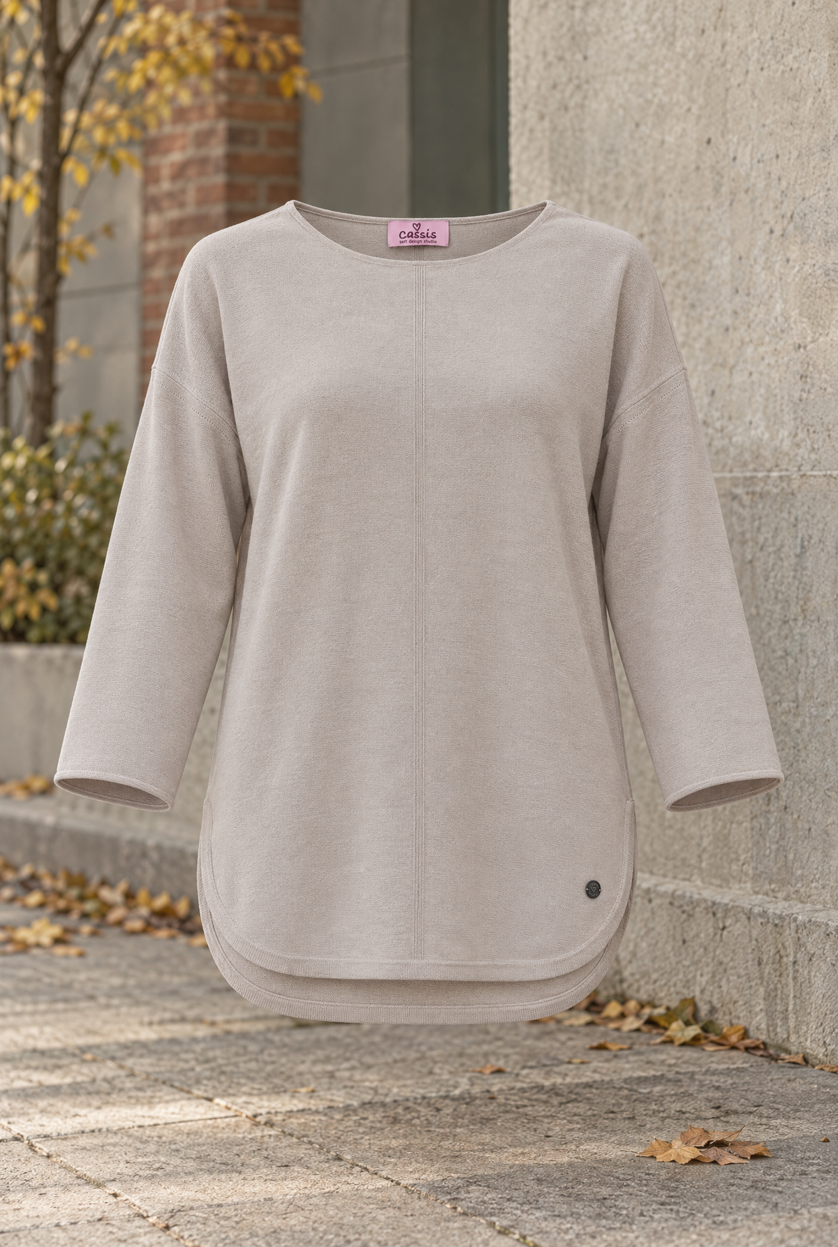 Women's Beige Fine-Knit Crew Neck Oversized Cashmere Wool Sweater, Autumn/Winter