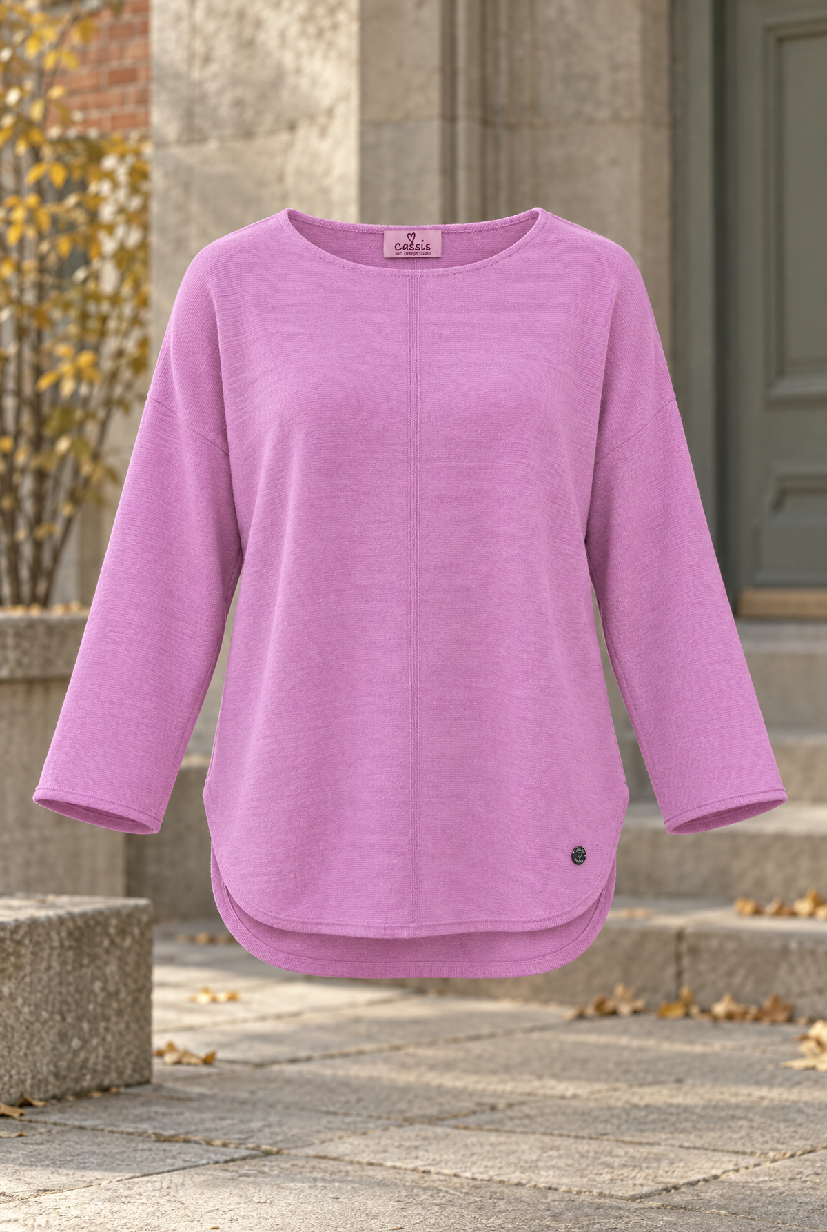 Women's pink fine-knit cashmere wool sweater, crew neck, oversized fit, fall/winter