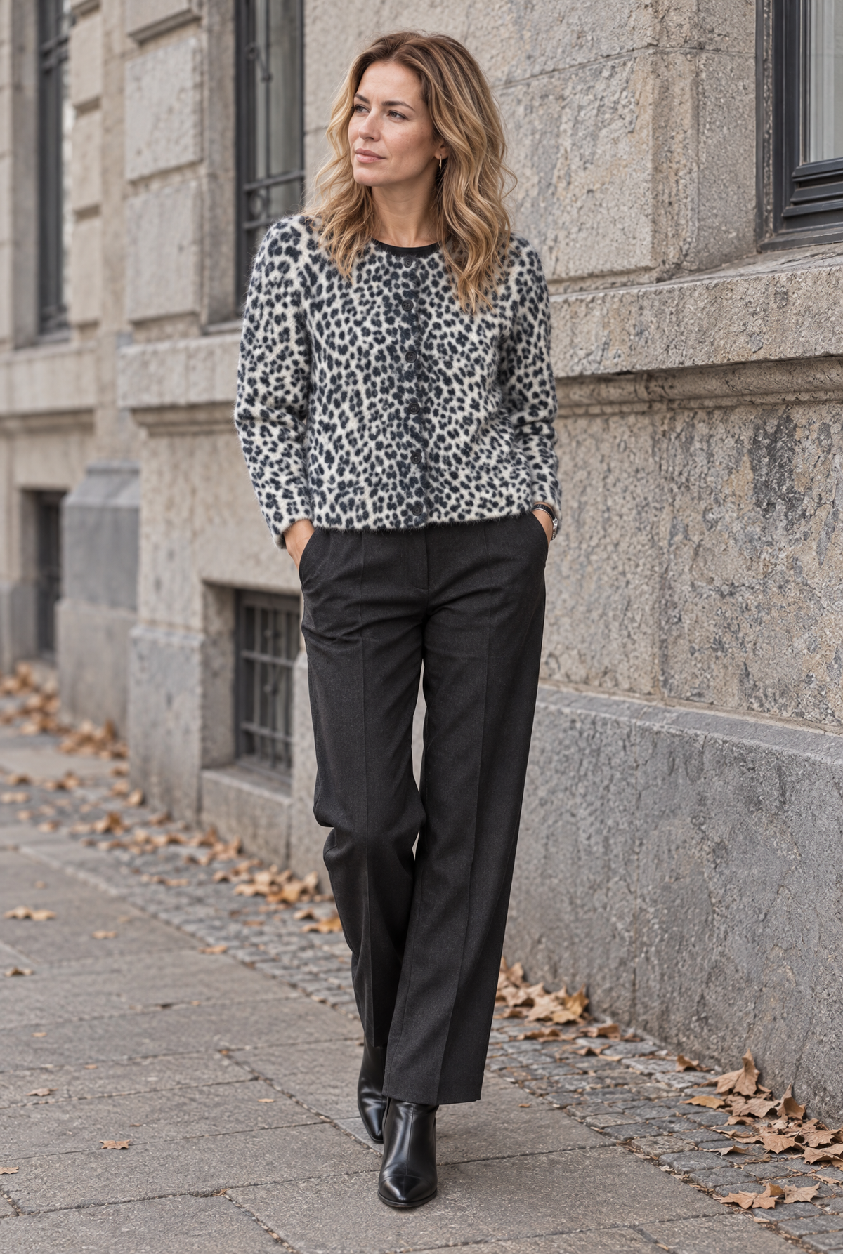 Damesvest met luipaardprint, offwhite, ronde hals, knoopsluiting, herfst-winterlook