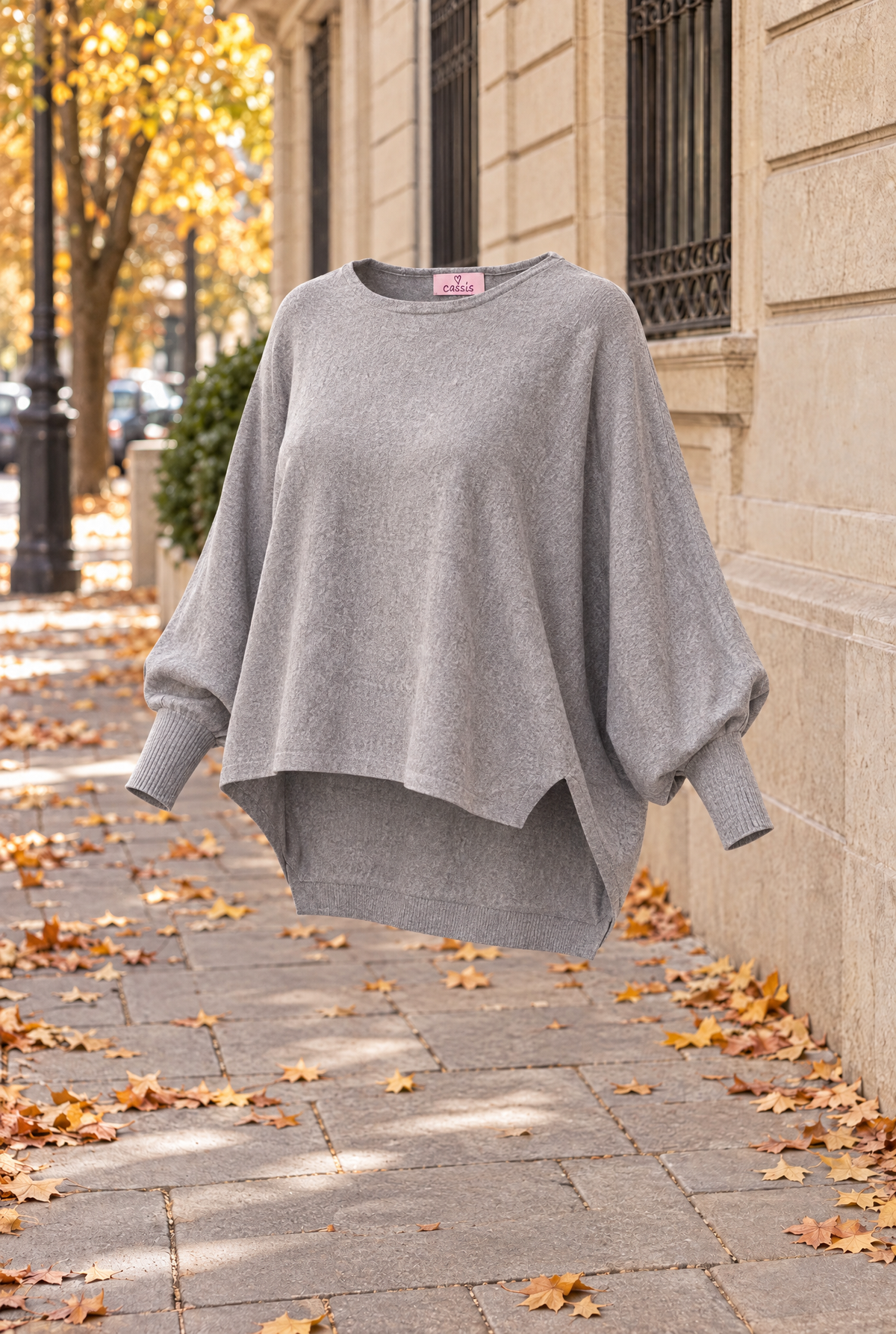 Damen Fledermauspullover Grau Melange Feinstrick Oversize Rundhals Herbst Winter