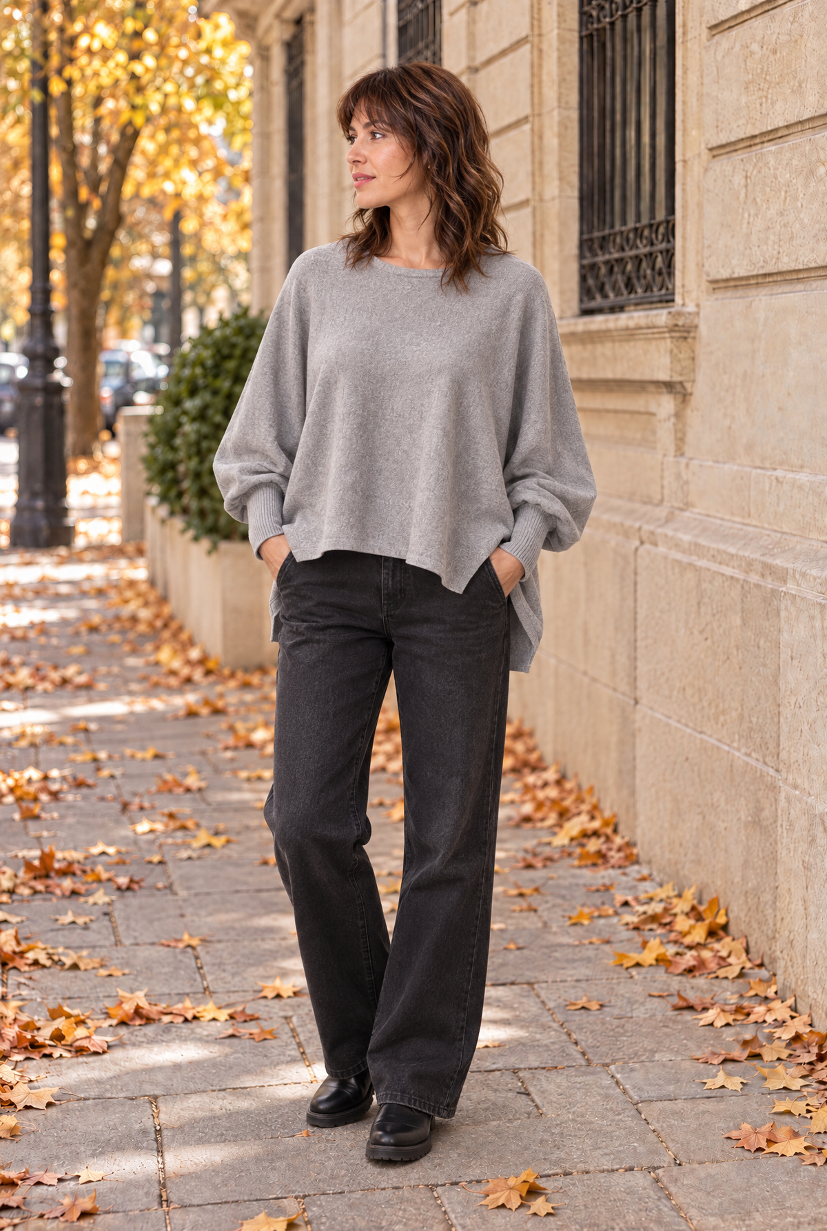 Damen Fledermauspullover Grau Melange Feinstrick Oversize Rundhals Herbst Winter