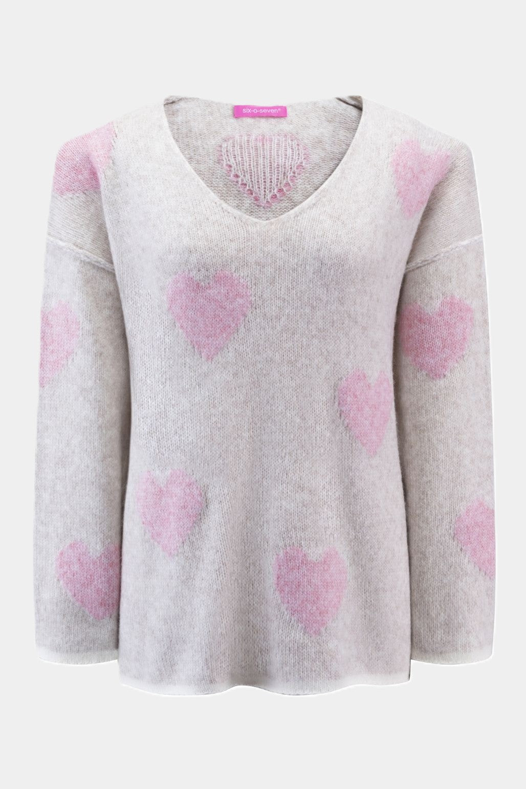 Strickpullover mit eingestrickte rosa Herzen in KITT
