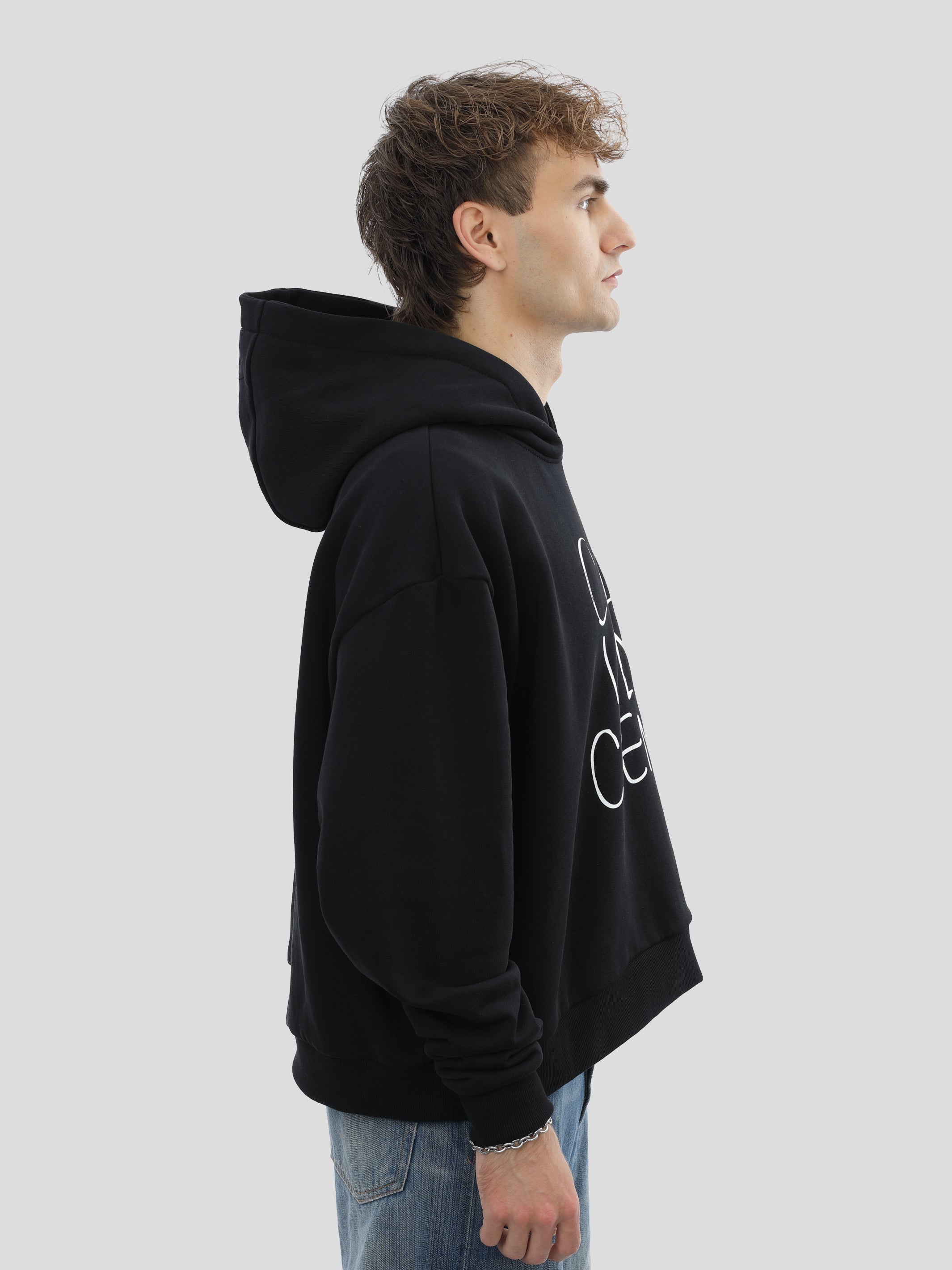 Boxy Hoodie Unisex with Print in Black