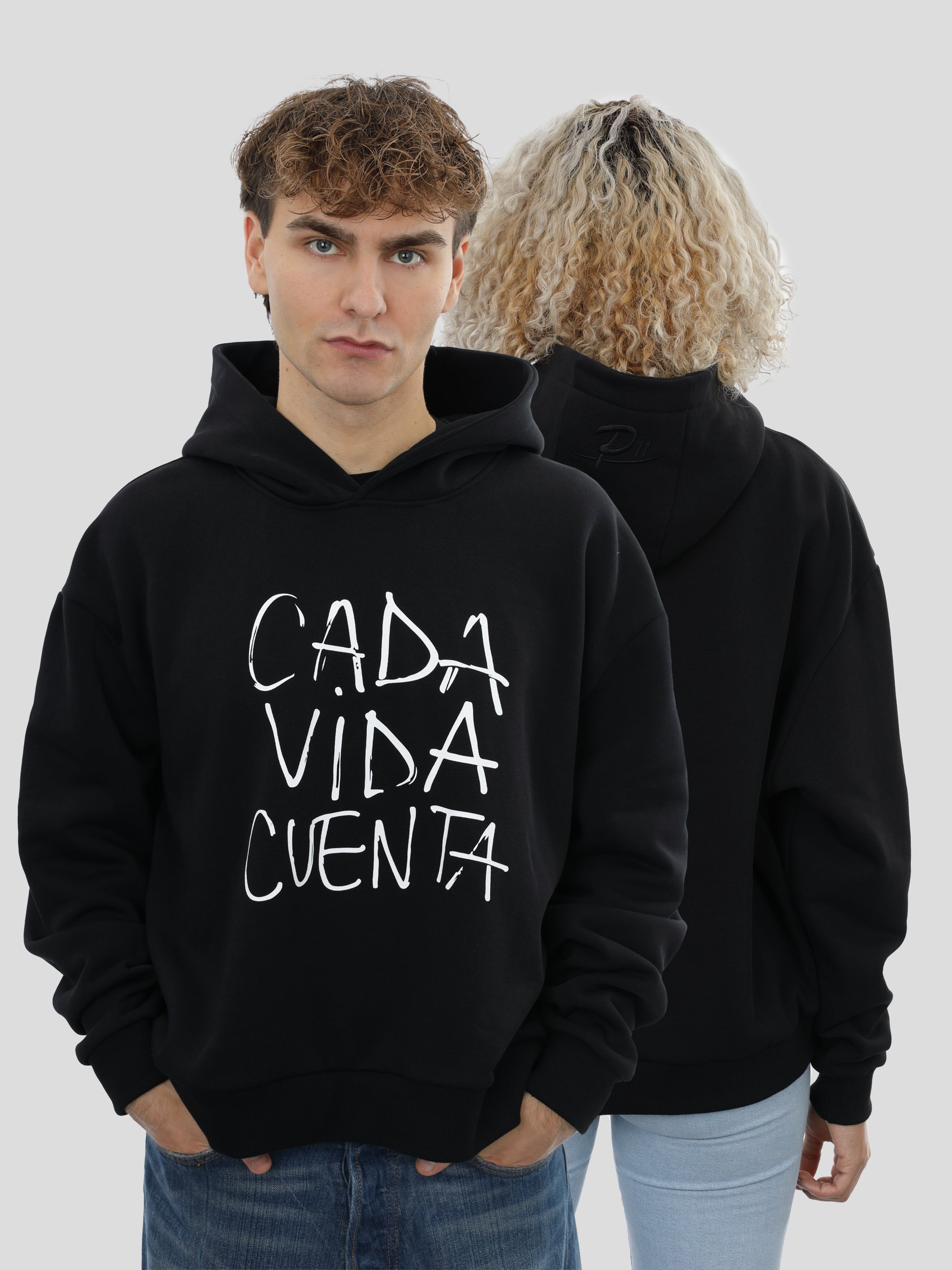 Boxy Hoodie Unisex with Print in Black