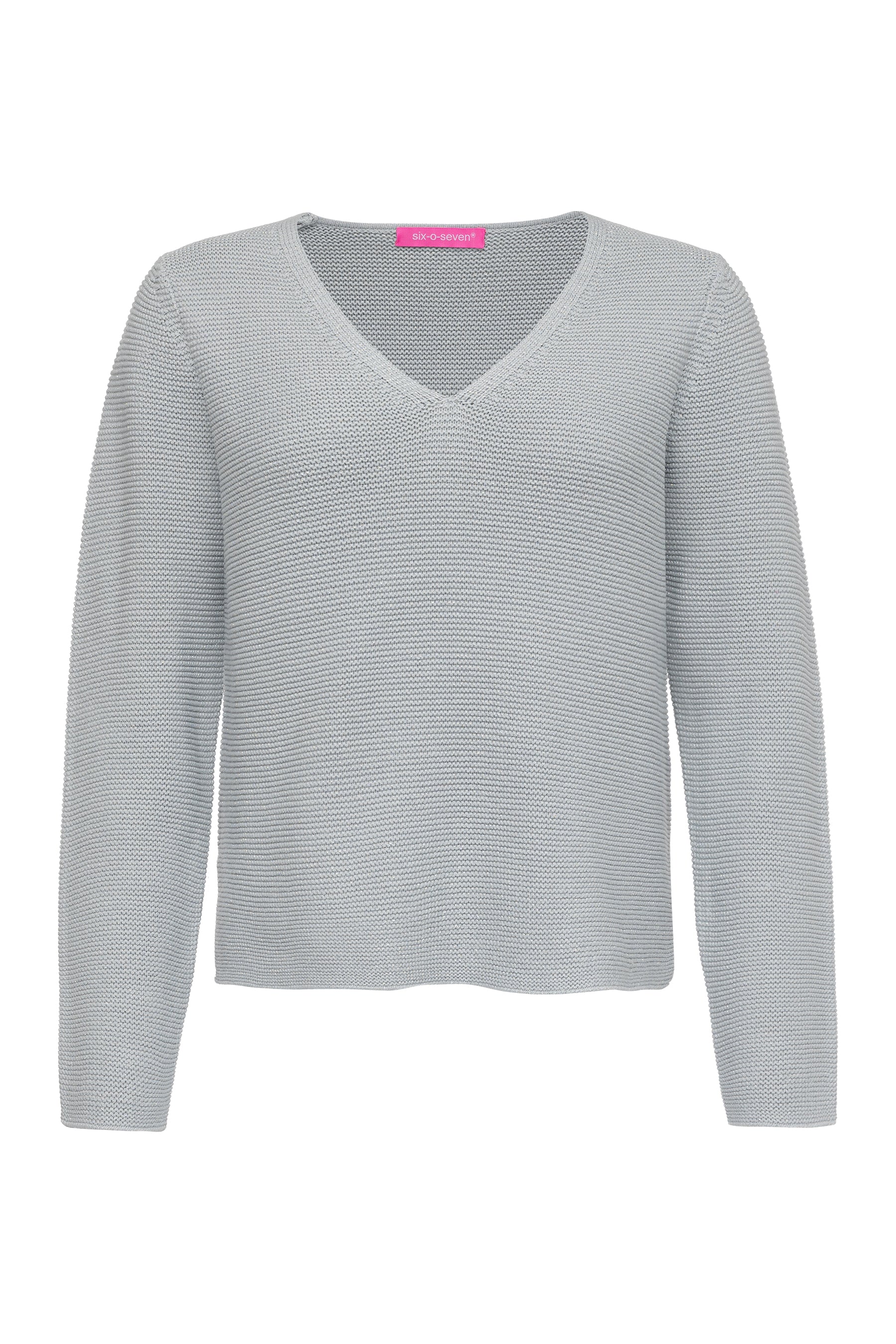 Damen Regular Pullover mit V-Ausschnitt & Lurex Grau six-o-seven