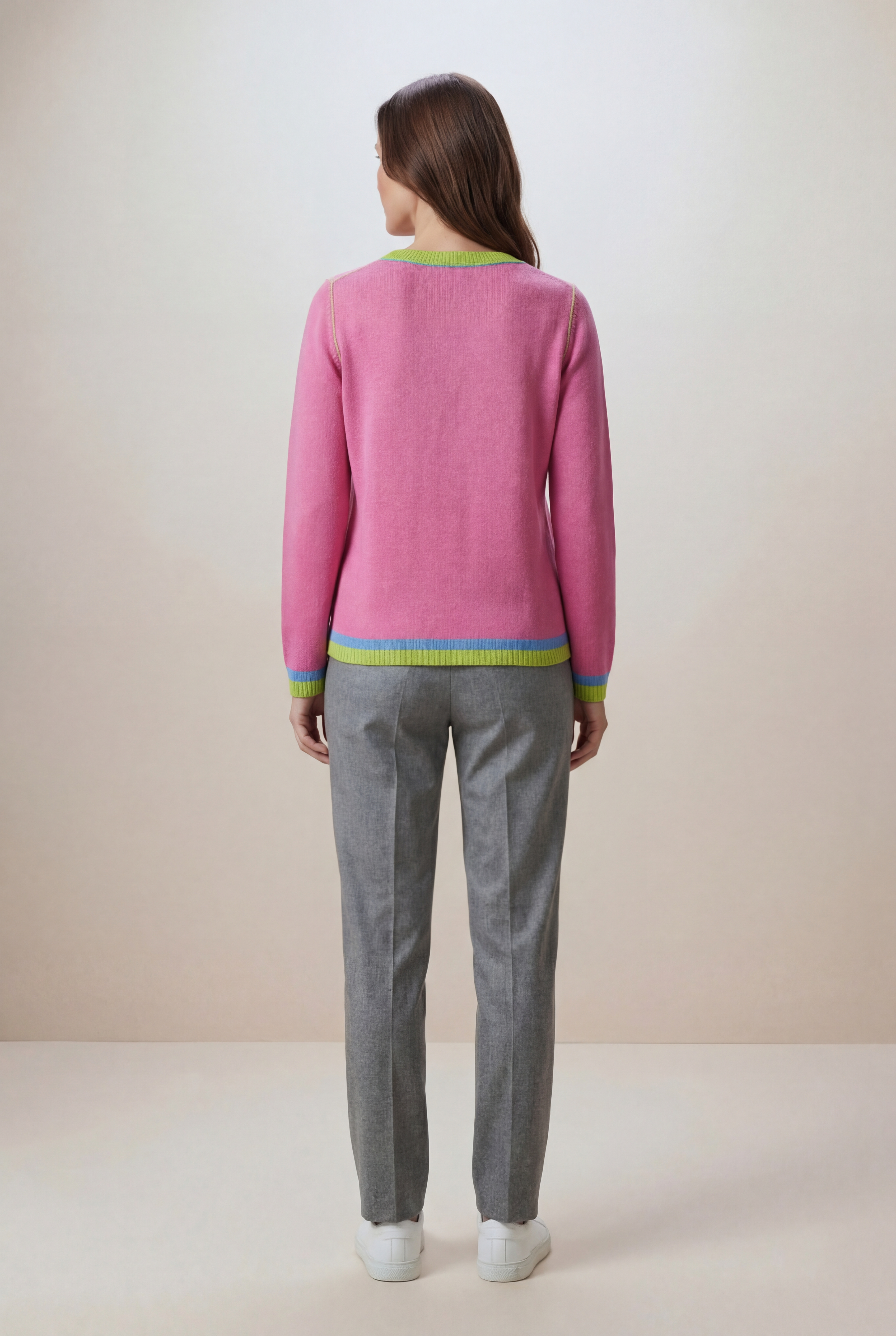 Damen Tailliert Feinstrickpullover mit Kontraststreifen helles Pink six-o-seven