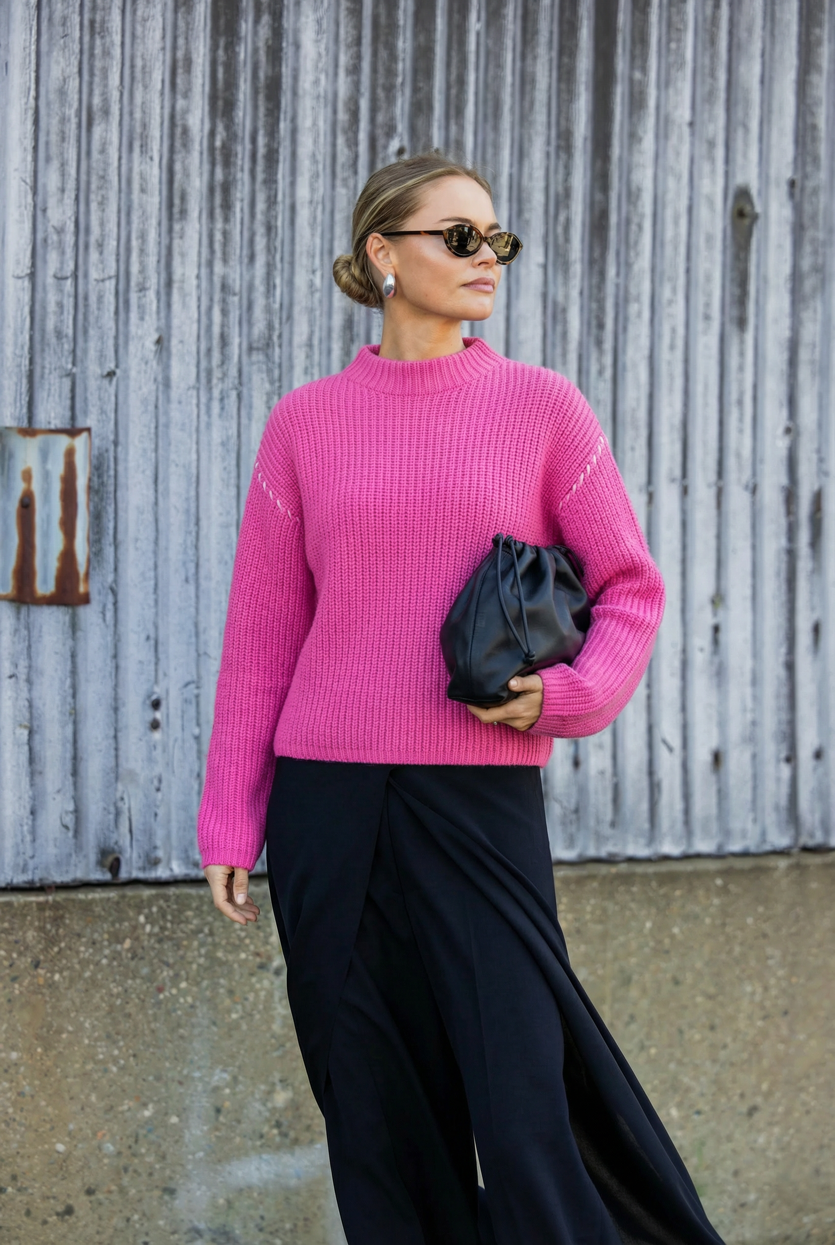 Chunky Knit Sweater with Stand-Up Collar in Pink, Modern Spring Style