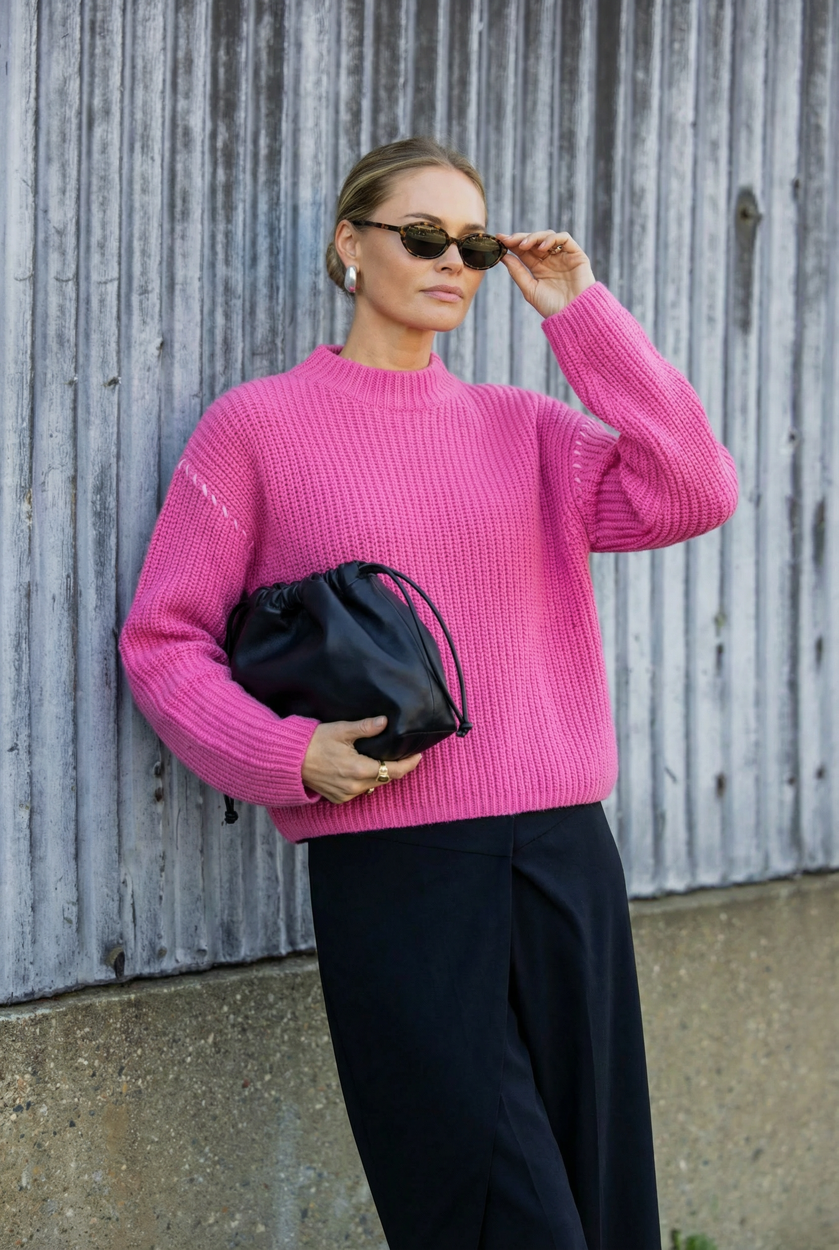 Chunky Knit Sweater with Stand-Up Collar in Pink, Modern Spring Style