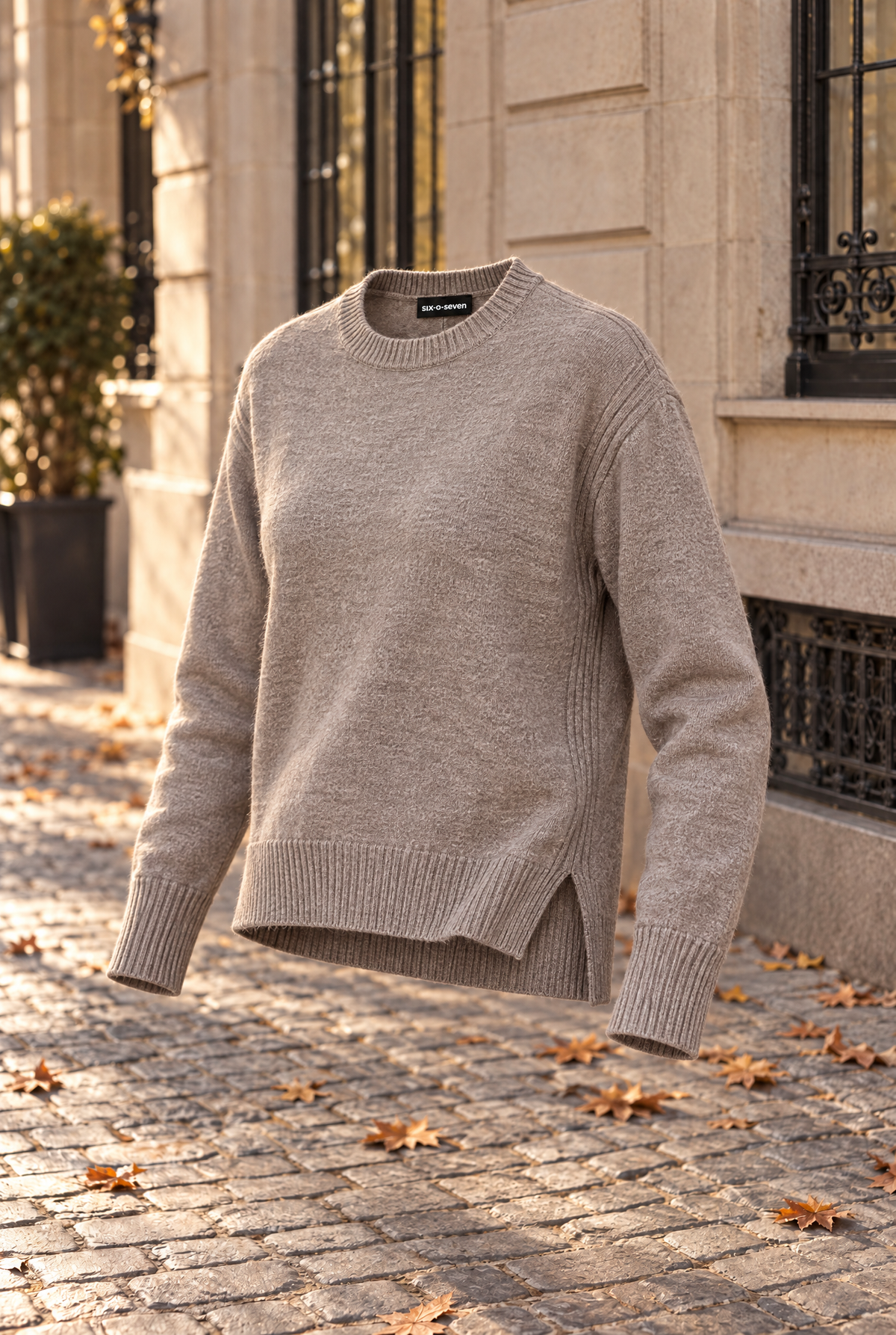 Damen Strickpullover Taupe Rundhals Kaschmir Wolle Seitenschlitze Herbst Winter